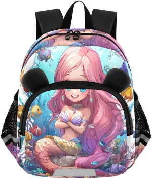 MCHIVER Mermaid Coral Reef Blue Toddler Backpack for Boys Girls 3-6 Preschool Lightweight Kids Backpack with Reflective Strips and Bag Leash for Kindergarten Daycare Travel