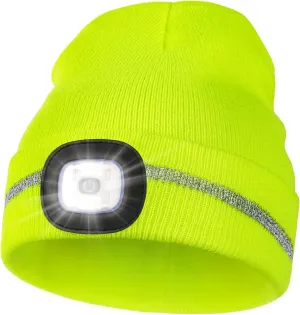 MELASA Reflective Stripe LED Beanie Safety High Visibility Winter Hat with Light for Outdoor Work Sports Gifts for Men Dad