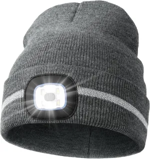 MELASA Reflective Stripe LED Beanie Safety High Visibility Winter Hat with Light for Outdoor Work Sports Gifts for Men Dad