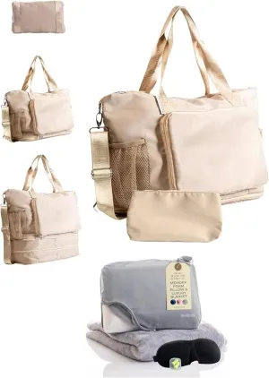 Memory Foam Neck Pillow & Blanket Set, Travel Kit with Sleep Mask, Earplugs, Expandable Duffle Bag, Portable Airplane Travel Essentials, Beige/Grey