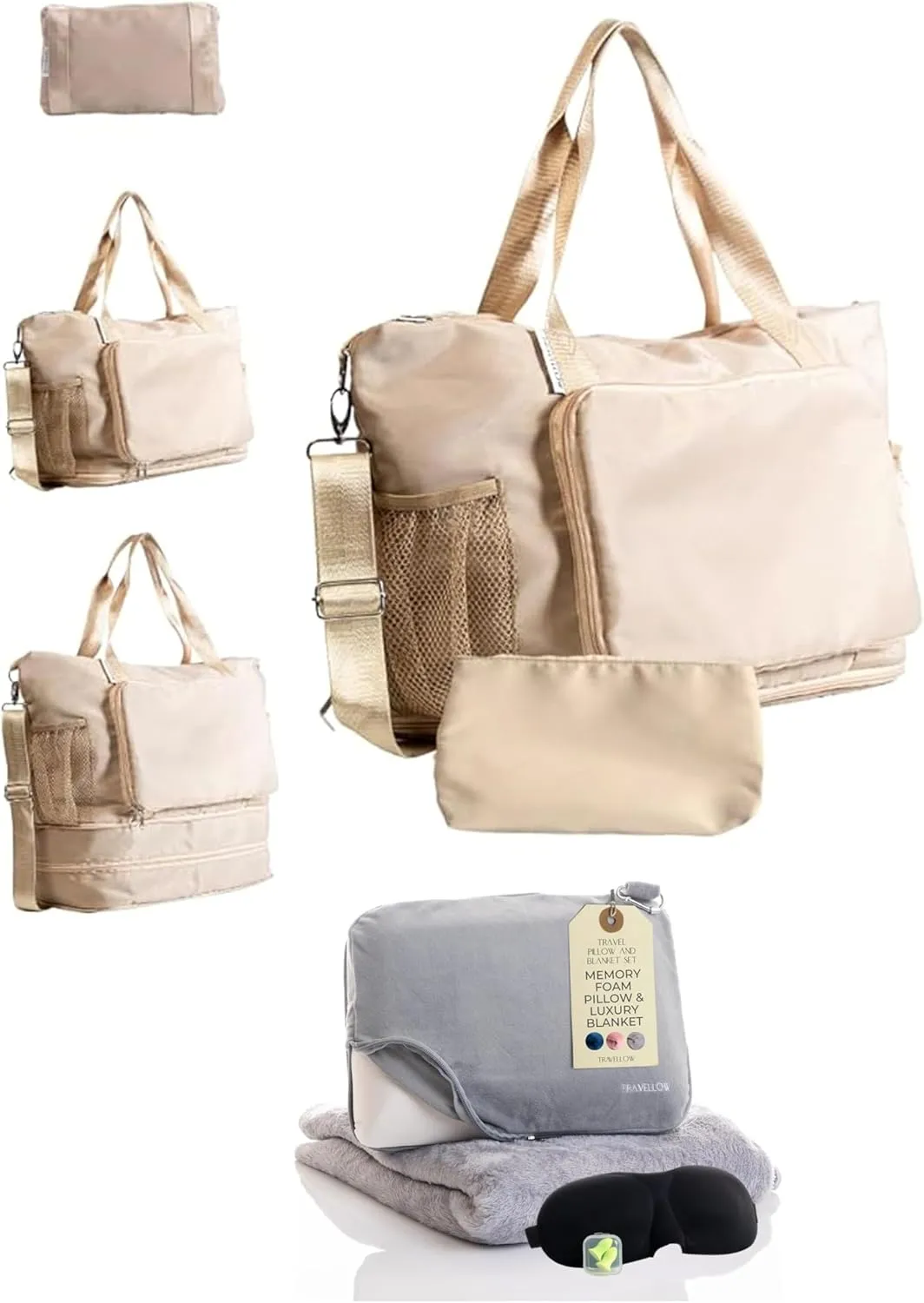 Memory Foam Neck Pillow & Blanket Set, Travel Kit with Sleep Mask, Earplugs, Expandable Duffle Bag, Portable Airplane Travel Essentials, Beige/Grey