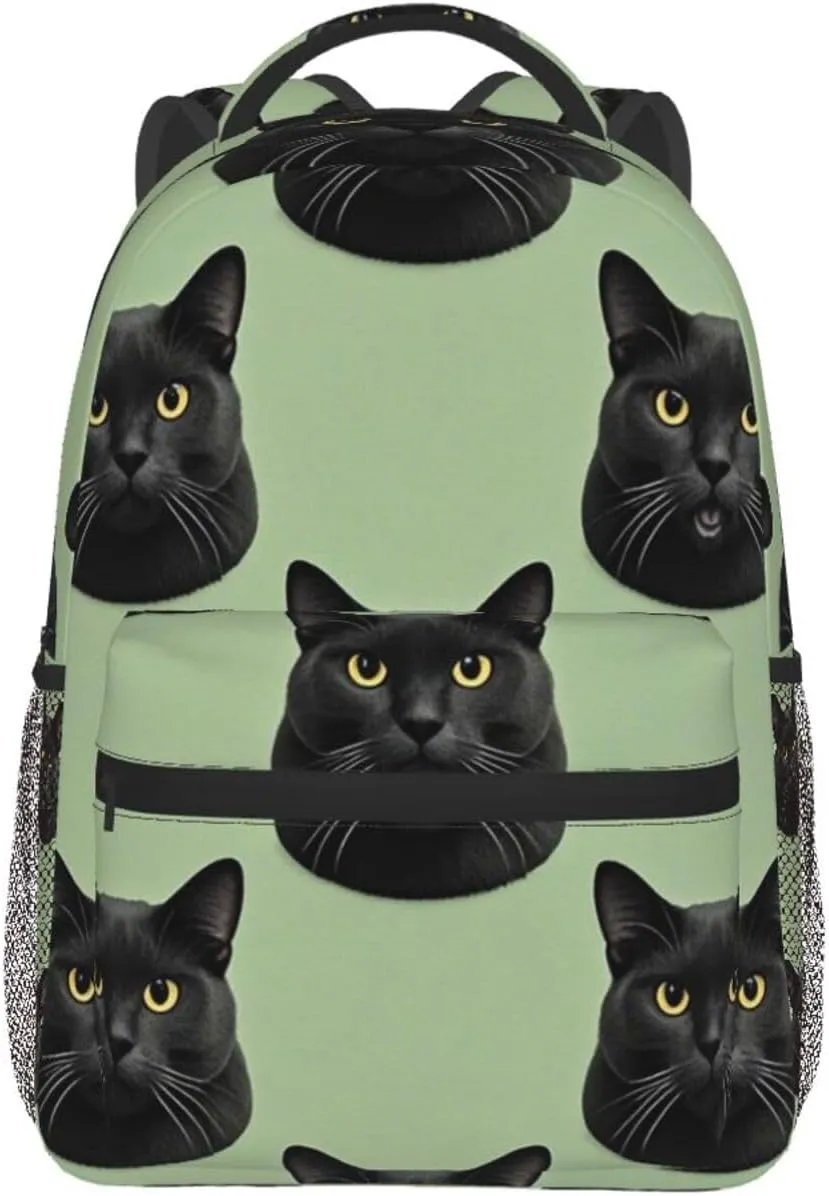 Men Women Lightweight Cute Black Cat Art Daypack Bookbag Big Capacity Carry On Bag With Side Pockets for Camping Travel Bicycle