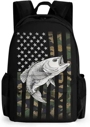 Men Women Polyester Bass Fishing Lure Camo Camouflage American Fl Daypack Bookbag Big Capacity Shoulder Bag With Padded Straps for Climbing Travel Walking Cycling