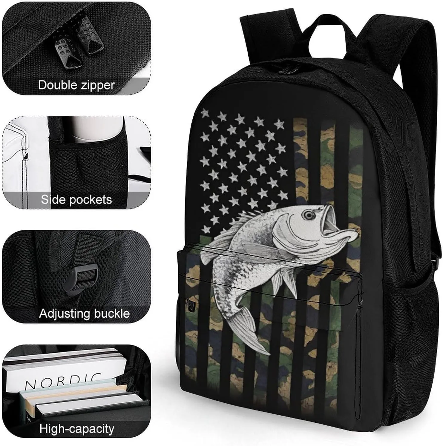 Men Women Polyester Bass Fishing Lure Camo Camouflage American Fl Daypack Bookbag Big Capacity Shoulder Bag With Padded Straps for Climbing Travel Walking Cycling