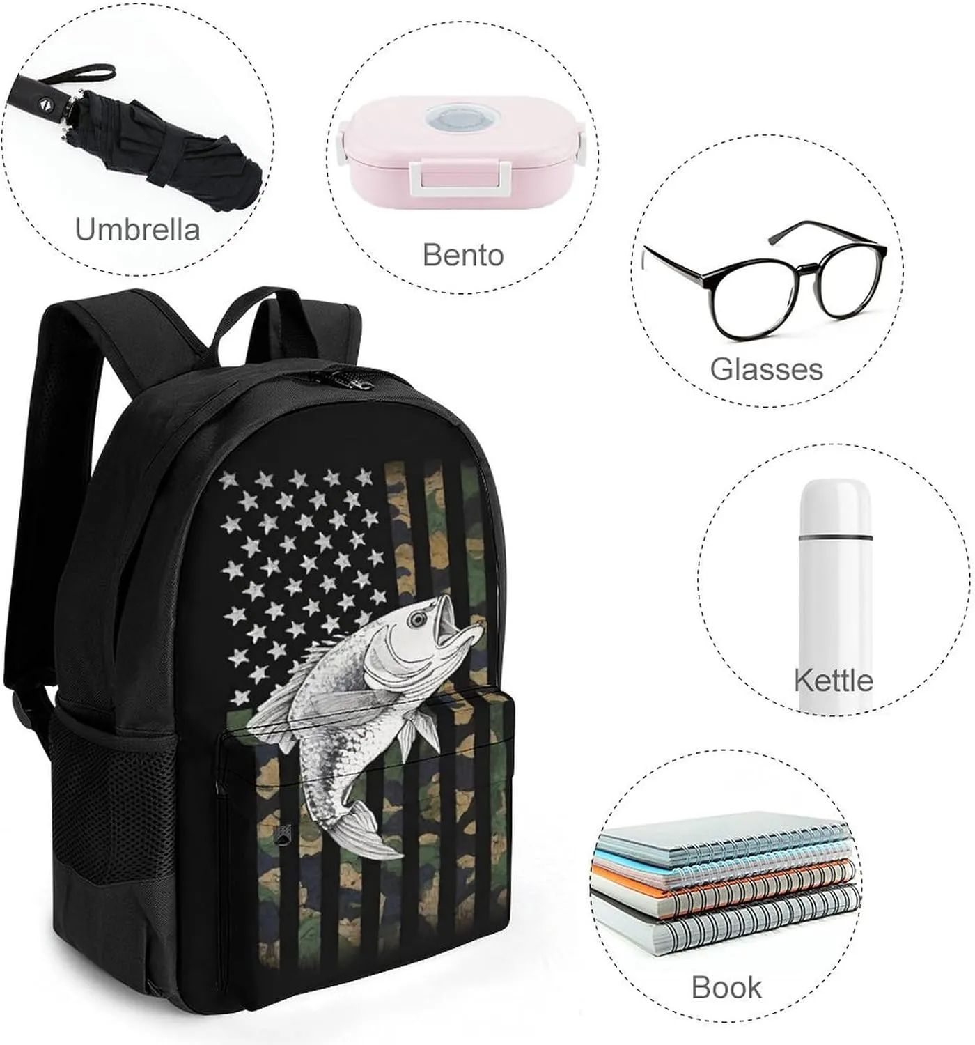Men Women Polyester Bass Fishing Lure Camo Camouflage American Fl Daypack Bookbag Big Capacity Shoulder Bag With Padded Straps for Climbing Travel Walking Cycling