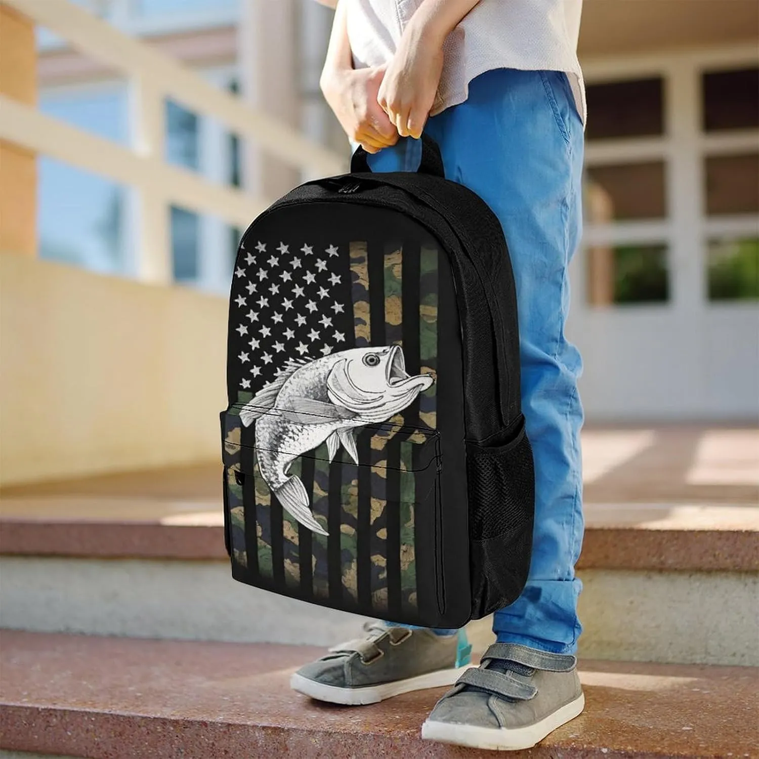 Men Women Polyester Bass Fishing Lure Camo Camouflage American Fl Daypack Bookbag Big Capacity Shoulder Bag With Padded Straps for Climbing Travel Walking Cycling