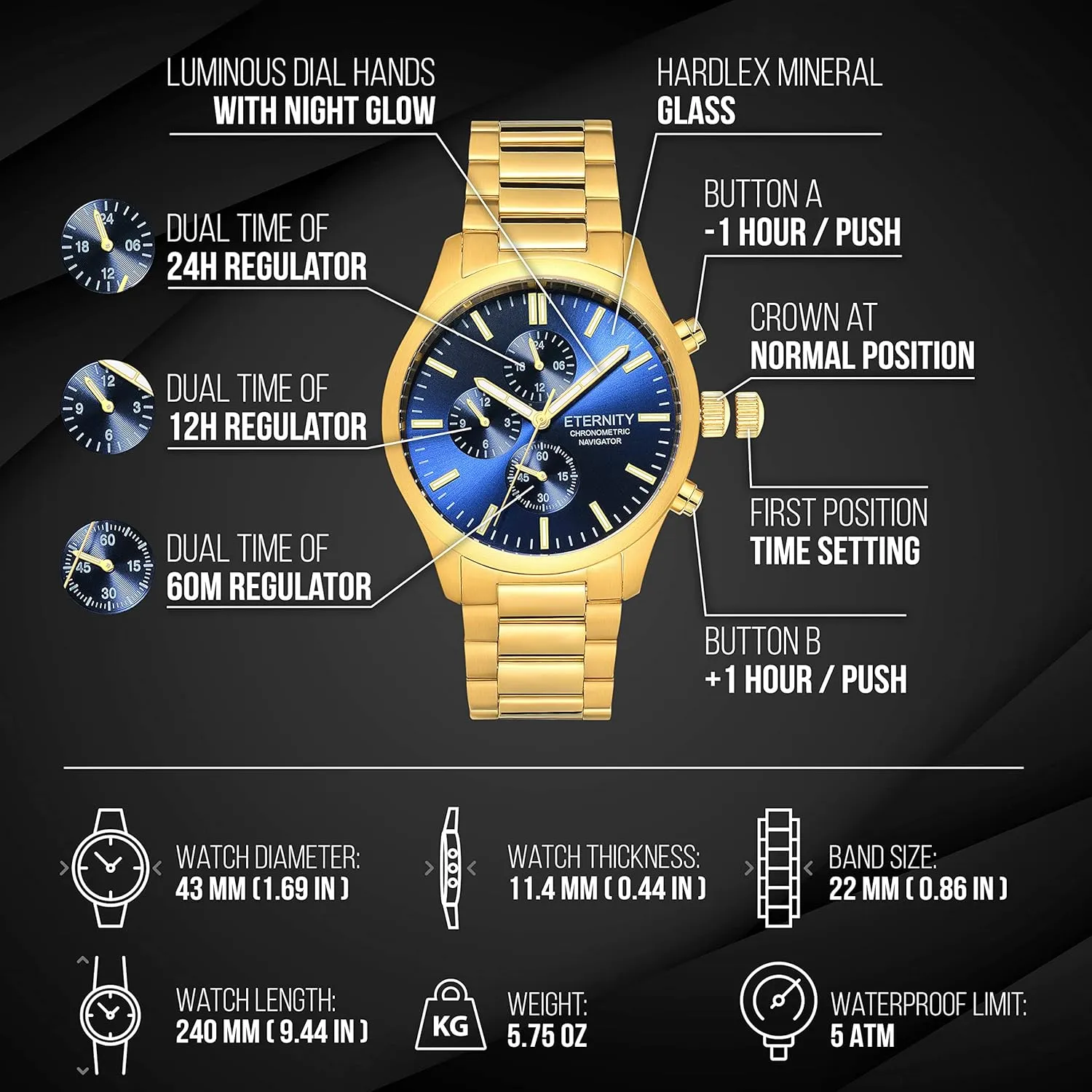 Men's Engraved Watches, Personalized Back Cover, Multi Function, Stainless Adjustable, Quartz Battery, Luminous dial.