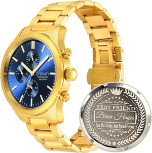 Men's Engraved Watches, Personalized Back Cover, Multi Function, Stainless Adjustable, Quartz Battery, Luminous dial.