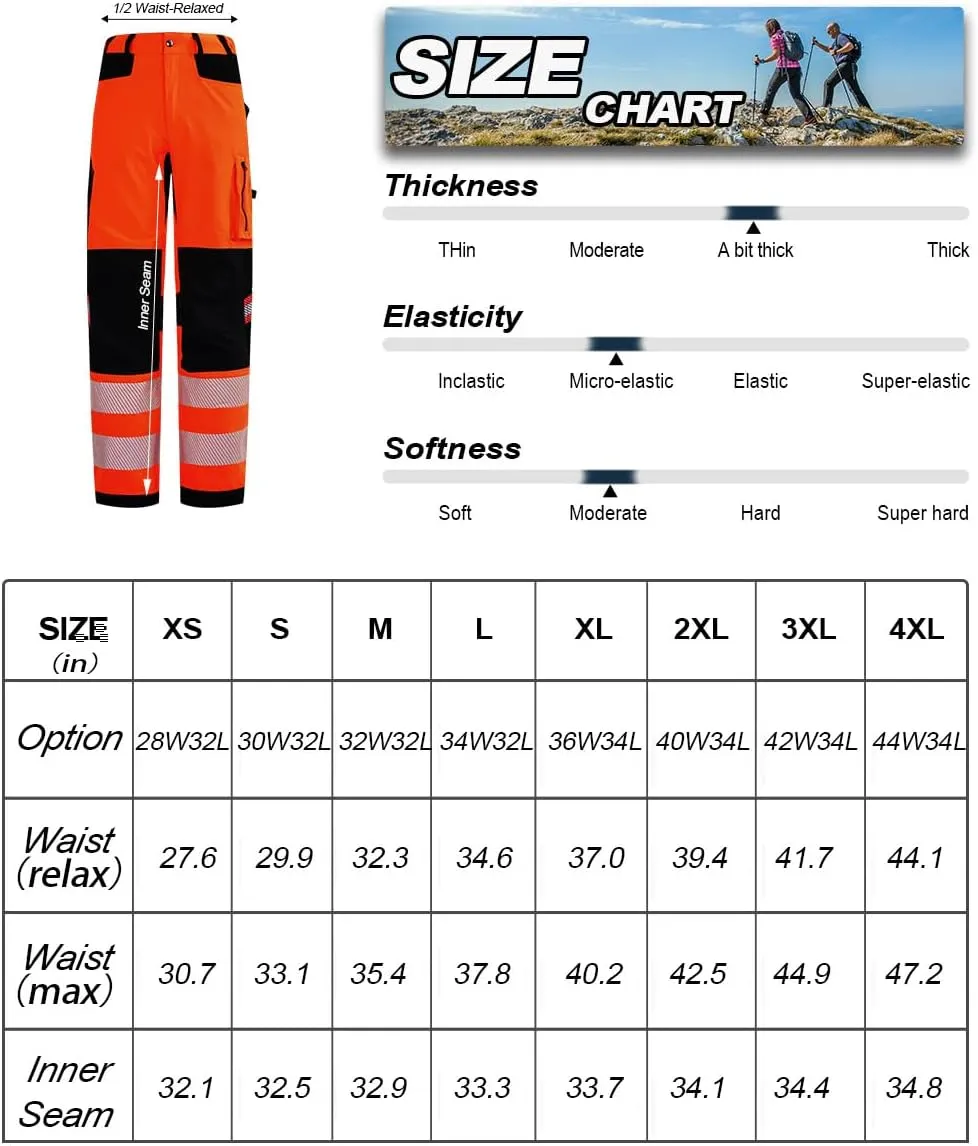 Mens High Visibility Work Pants Reflective Safety Pants Waterproof Rain Pants Stretchy Ripstop Cargo Pants Outdoor