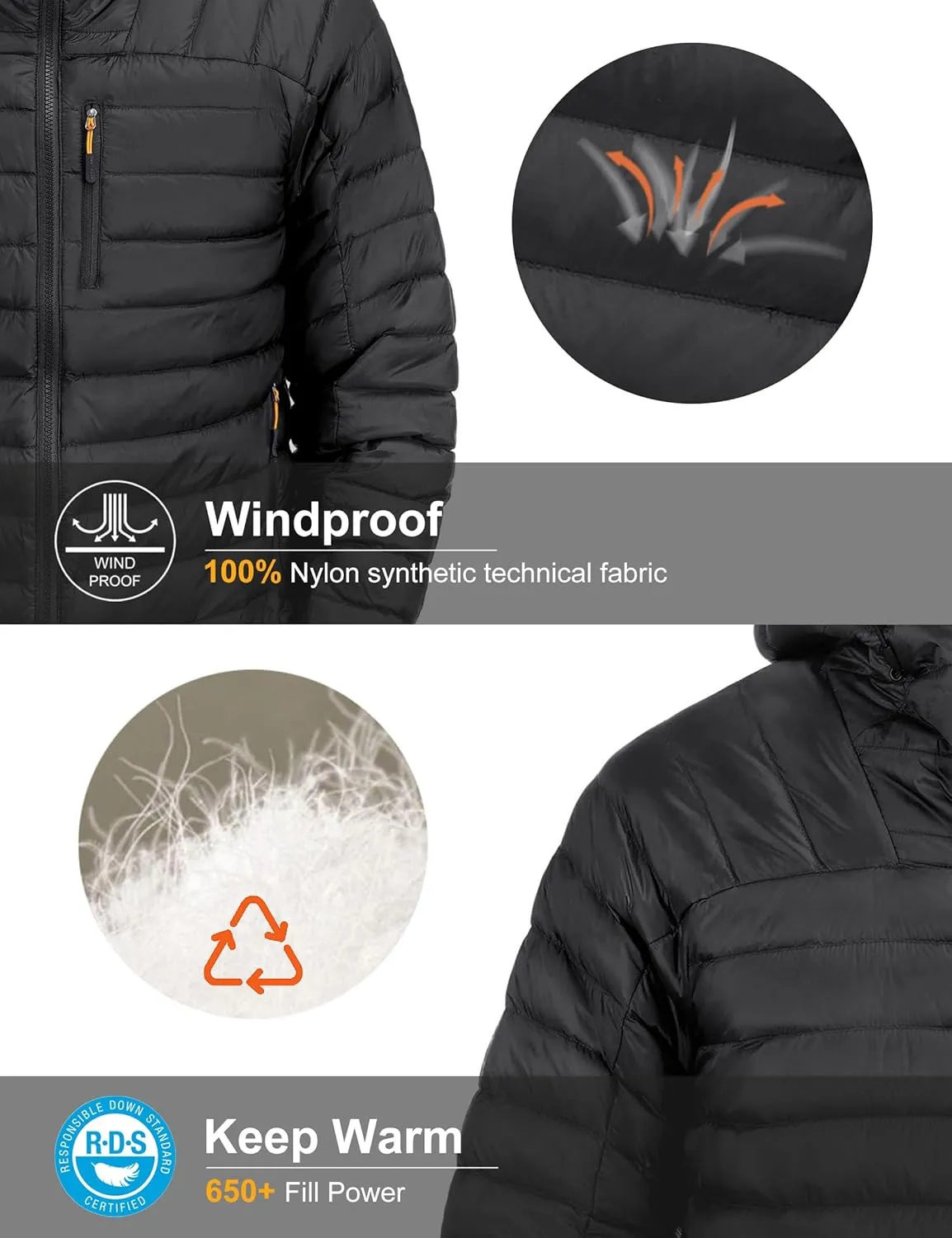 Men's Lightweight Puffer Jacket Insulated Water-Resistant Outdoor Winter Down Jacket for Men