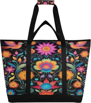 Mexican Flowers Reusable Insulated Cooler Bag with Ice Pack Compartment - Large 47L Waterproof Thermal Grocery Tote for Picnic Beach Camping Lunch Storage