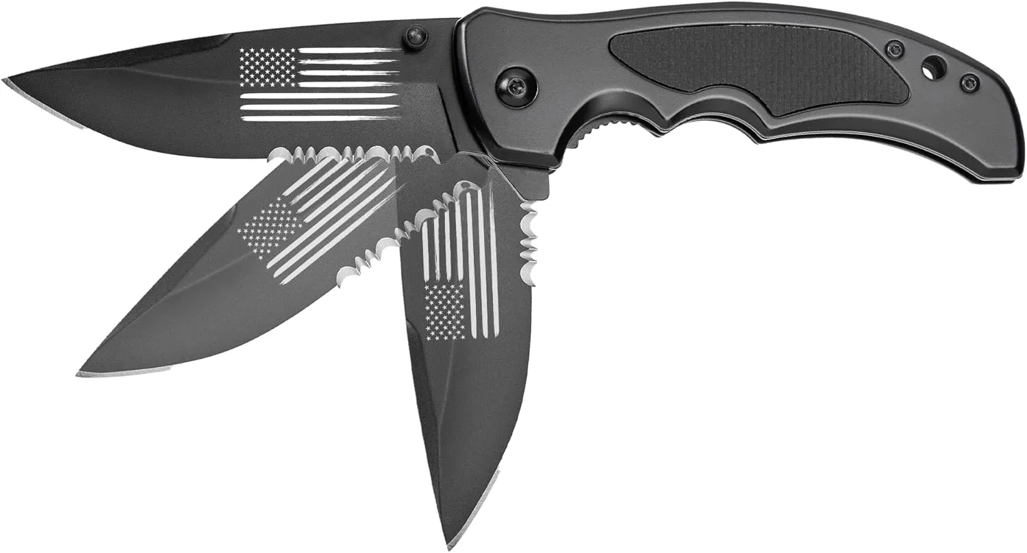 Military Gift Shop American Flag Tactical Knife-Spring Assisted, Black Titanium Coated, Reversible Clip-EDC Survival Tool Gifts - Disabled Vet Owned SMALL Business