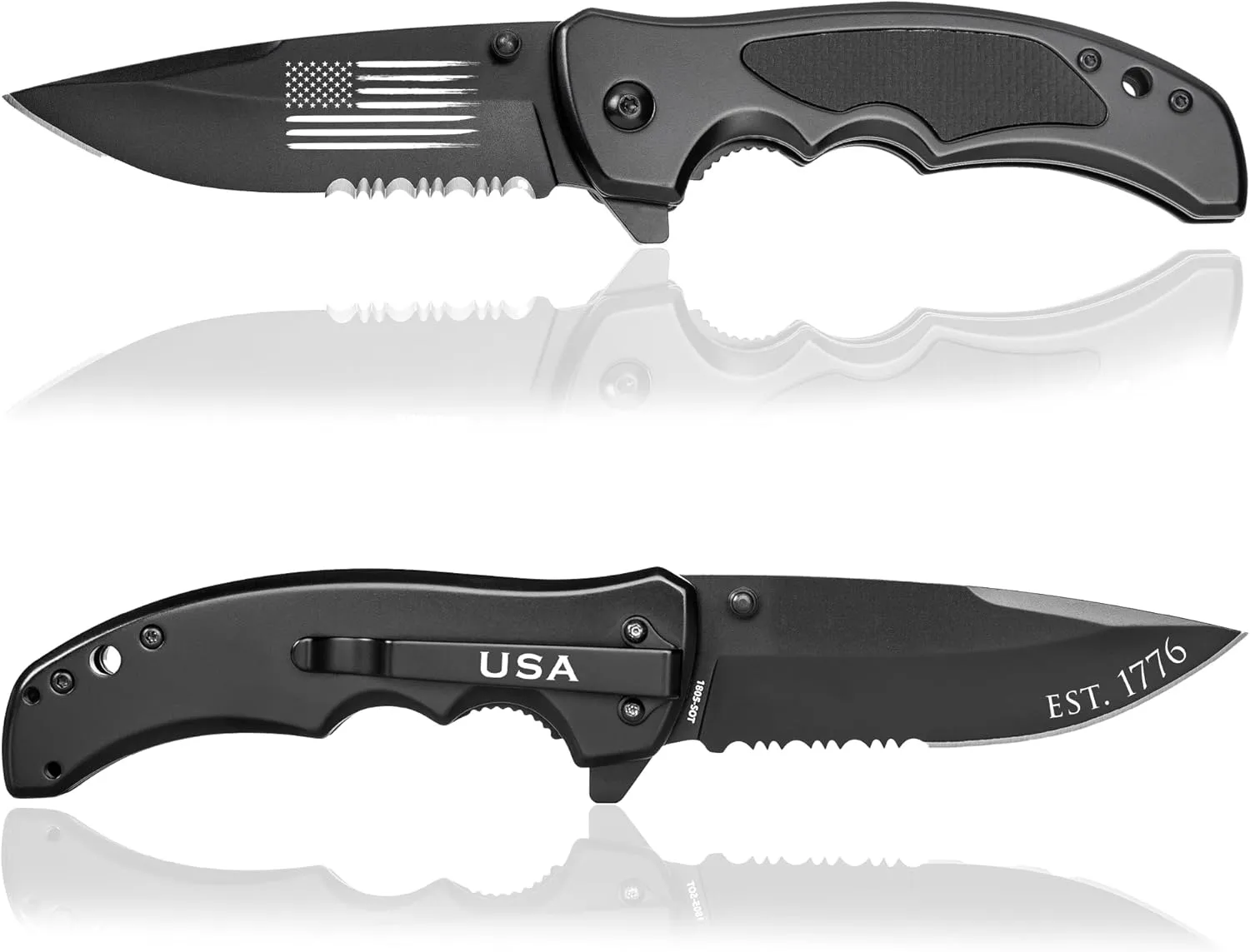 Military Gift Shop American Flag Tactical Knife-Spring Assisted, Black Titanium Coated, Reversible Clip-EDC Survival Tool Gifts - Disabled Vet Owned SMALL Business