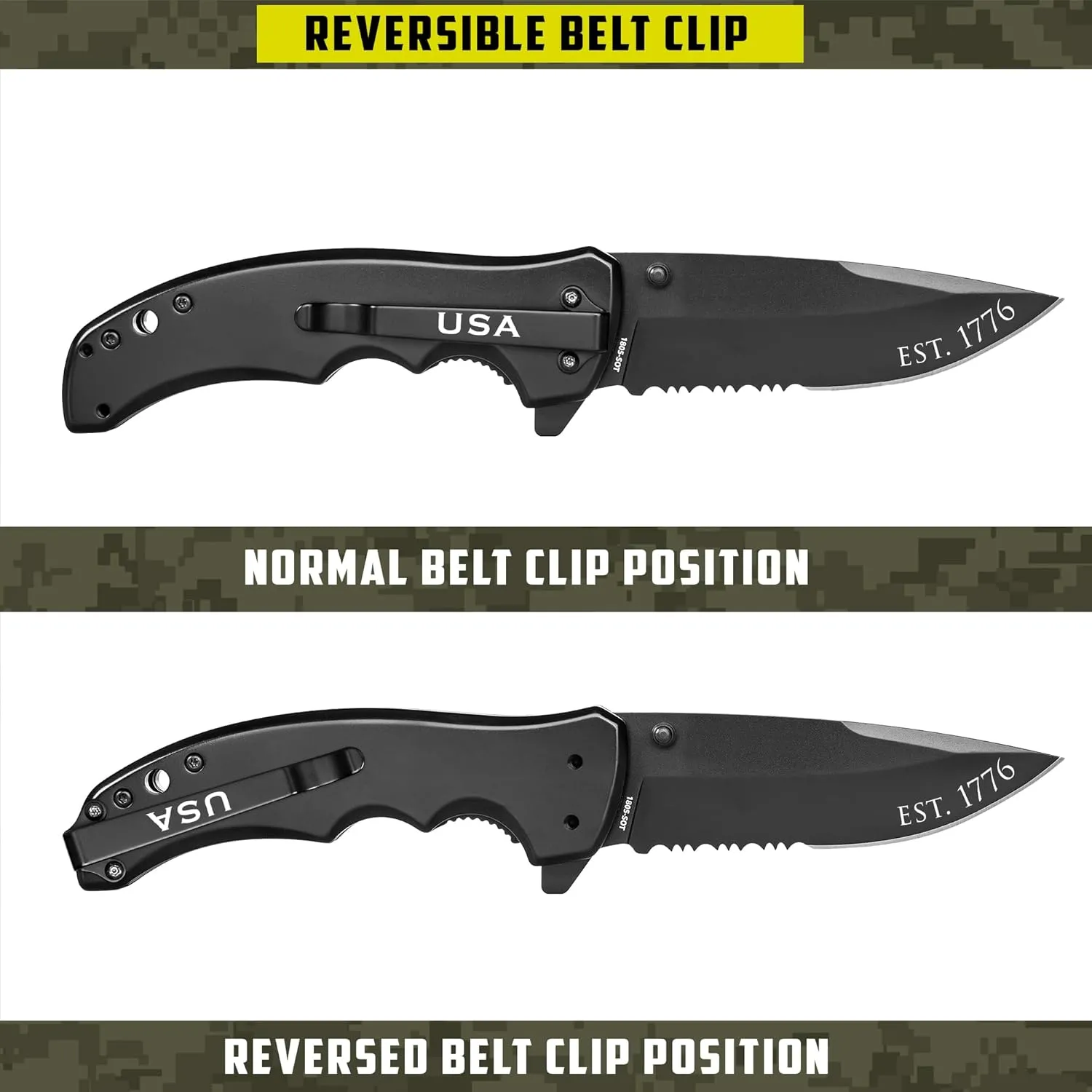 Military Gift Shop American Flag Tactical Knife-Spring Assisted, Black Titanium Coated, Reversible Clip-EDC Survival Tool Gifts - Disabled Vet Owned SMALL Business
