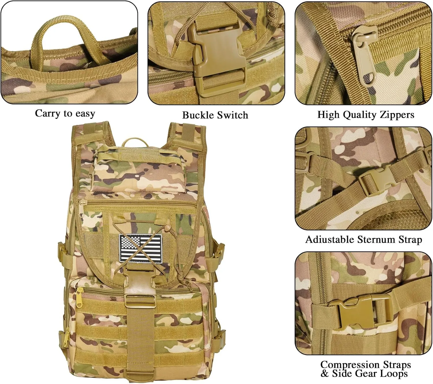Military Tactical Hiking Backpacks for Men, Survival Army Camo Rucksack for Camping Trekking