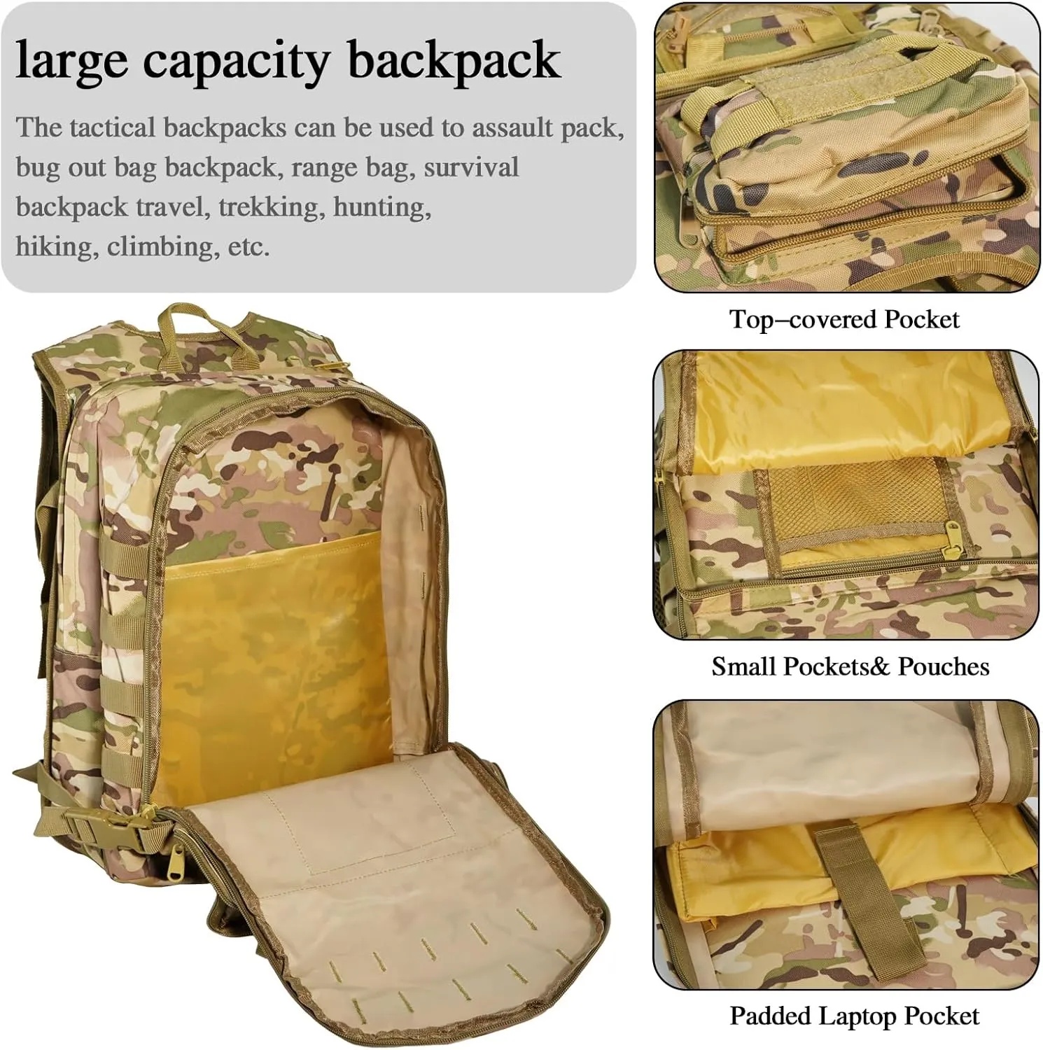 Military Tactical Hiking Backpacks for Men, Survival Army Camo Rucksack for Camping Trekking