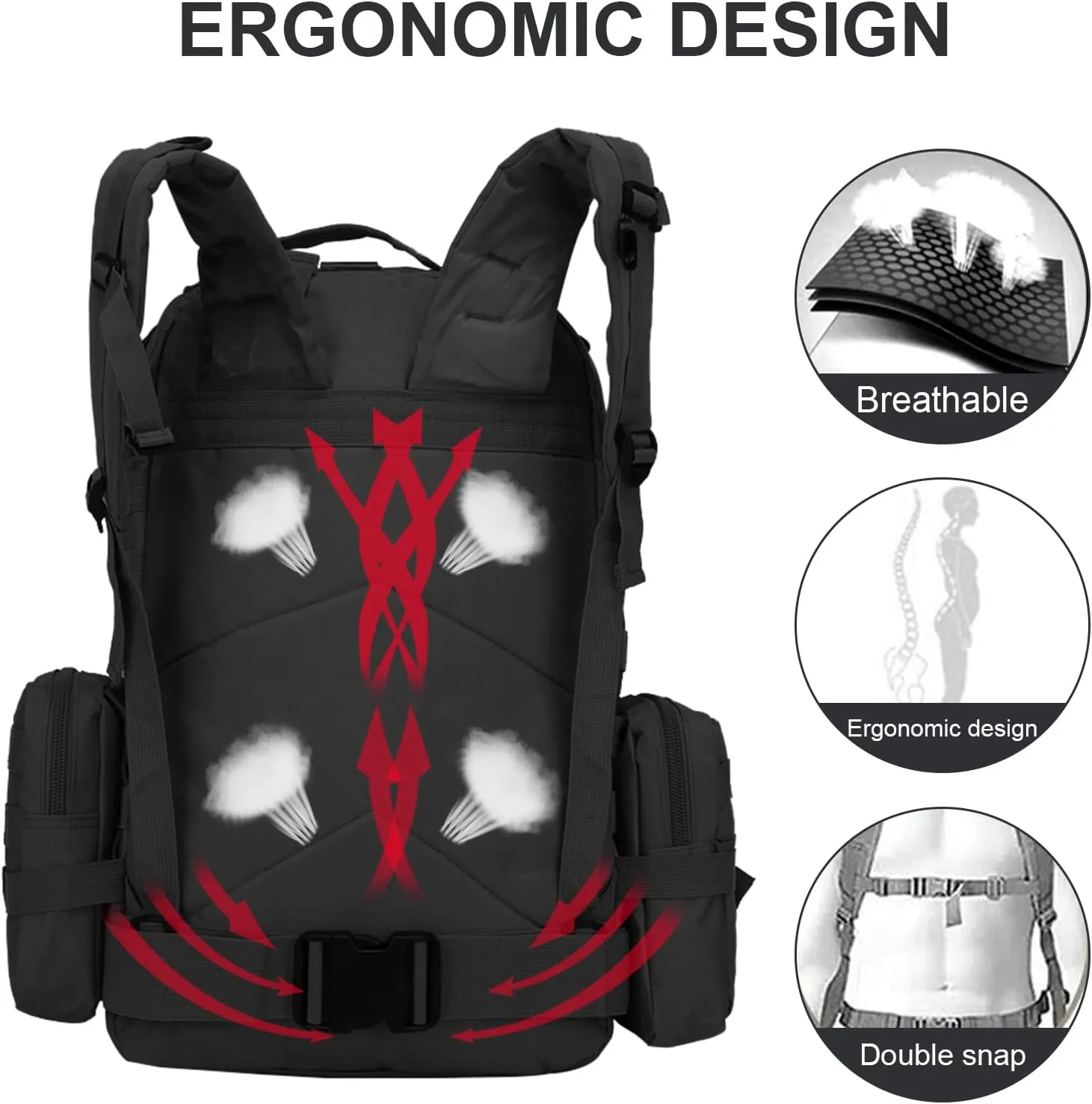 MINGPINHUIUS Military Tactical Backpack, 55L Large Capacity Army 3 Day Assault Pack Multifunctional Detachable Molle Bag Travel Backpack for Outdoor Hiking Camping Hunting (Black)