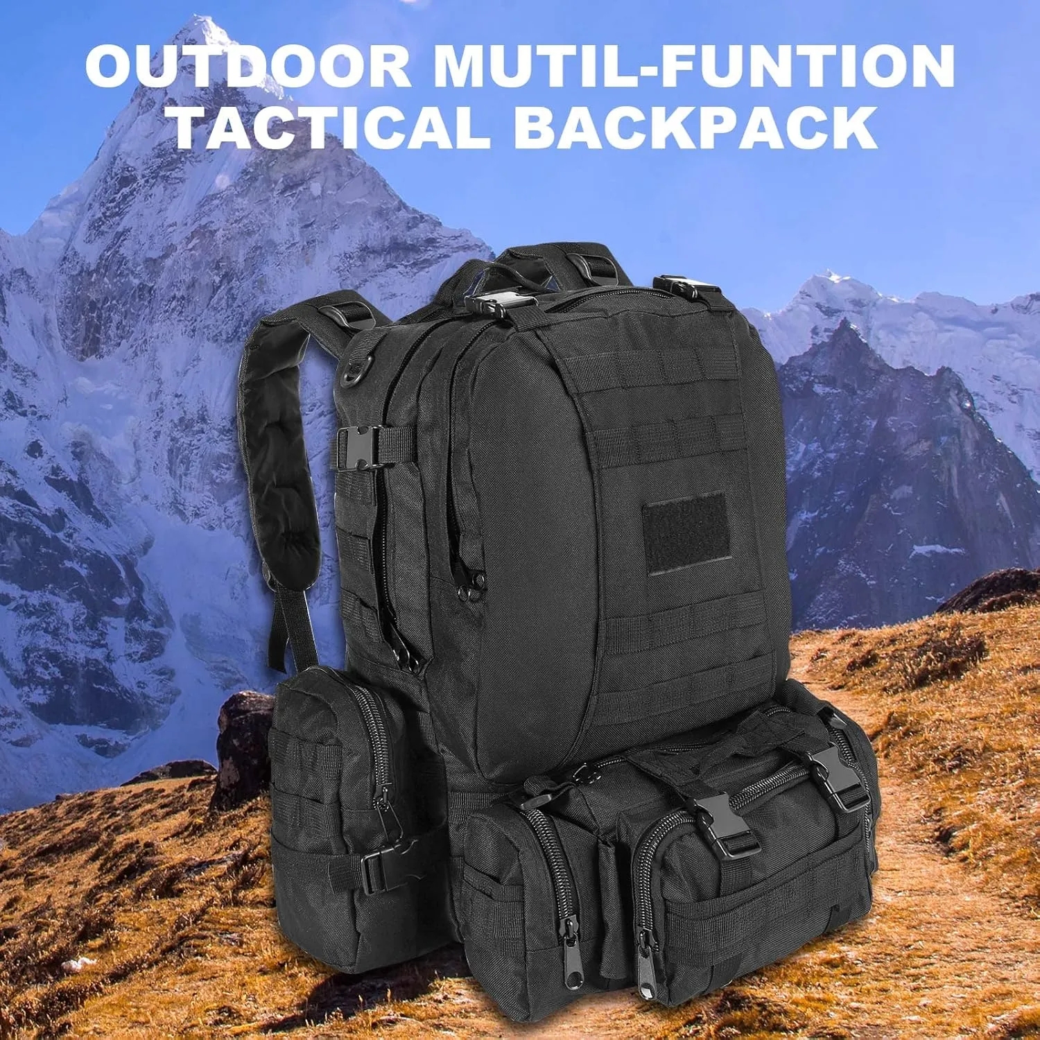 MINGPINHUIUS Military Tactical Backpack, 55L Large Capacity Army 3 Day Assault Pack Multifunctional Detachable Molle Bag Travel Backpack for Outdoor Hiking Camping Hunting (Black)
