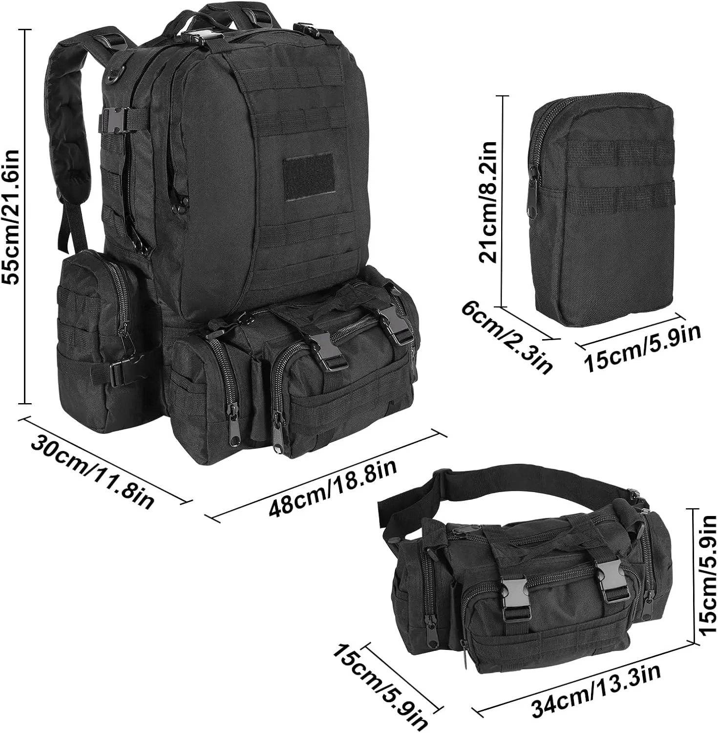 MINGPINHUIUS Military Tactical Backpack, 55L Large Capacity Army 3 Day Assault Pack Multifunctional Detachable Molle Bag Travel Backpack for Outdoor Hiking Camping Hunting (Black)