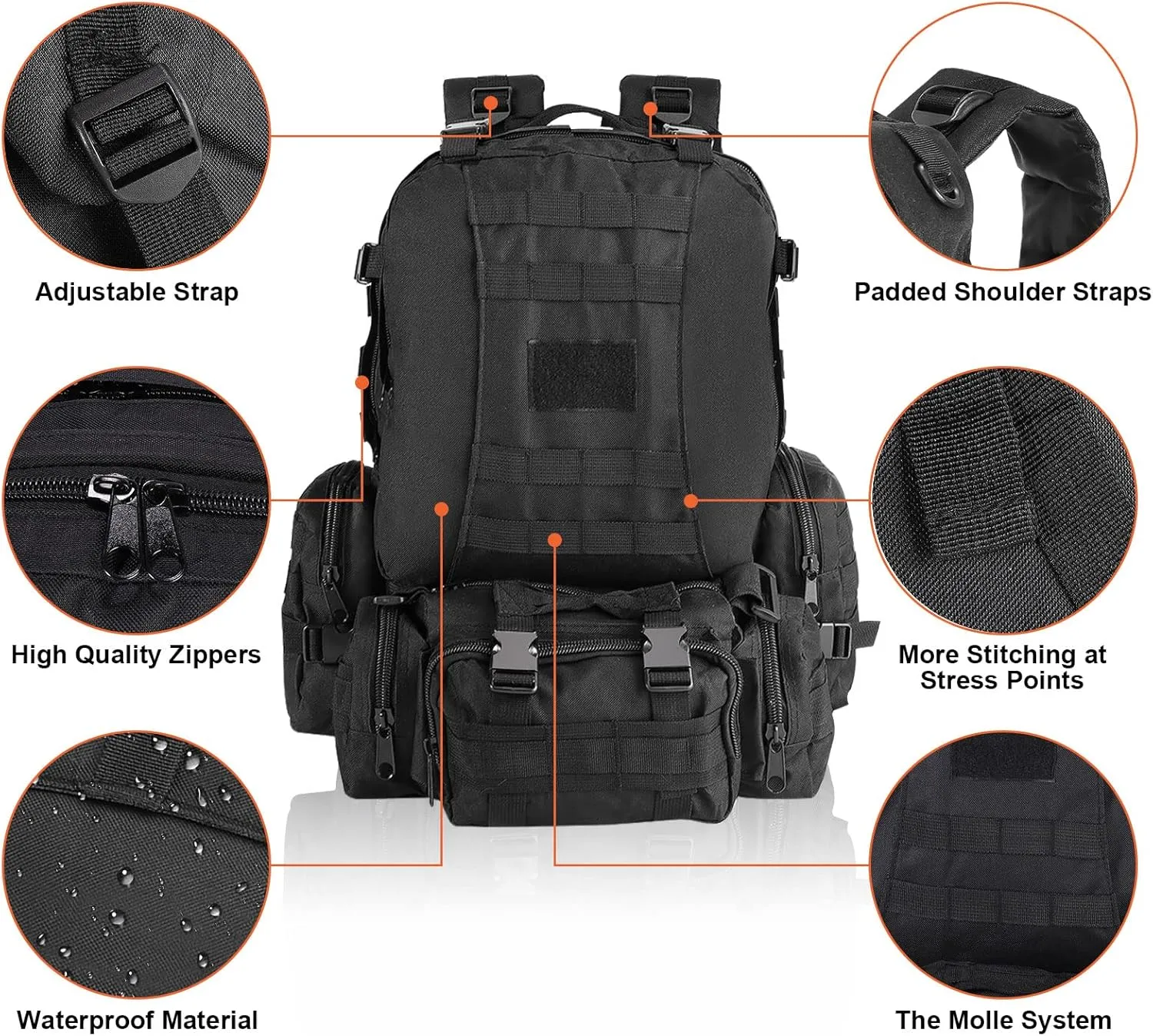 MINGPINHUIUS Military Tactical Backpack, 55L Large Capacity Army 3 Day Assault Pack Multifunctional Detachable Molle Bag Travel Backpack for Outdoor Hiking Camping Hunting (Black)