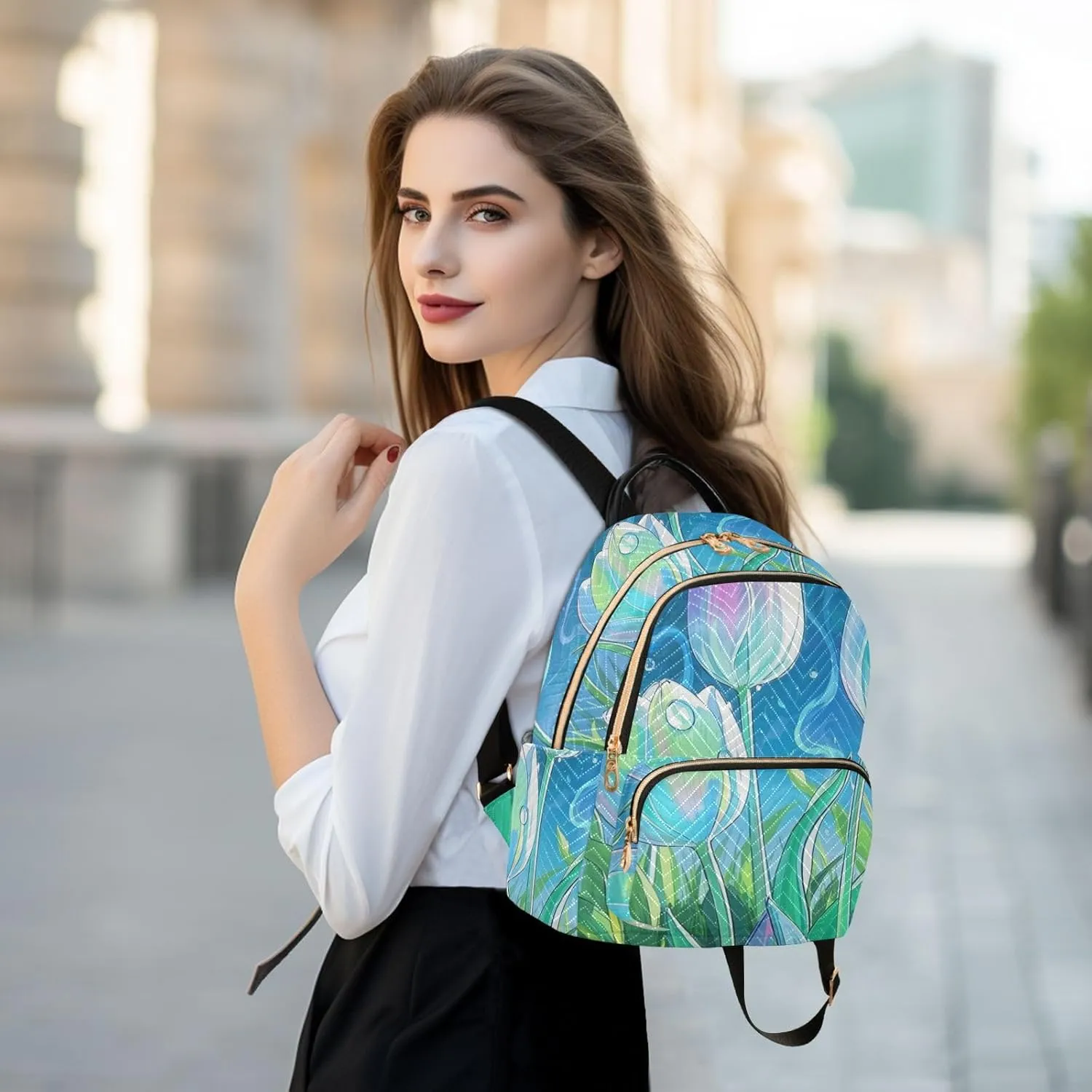 Mini Backpack Quilted Purse for Womens Small Backpack Daypack Tulips Pattern for Travel Daily Work,Multi7
