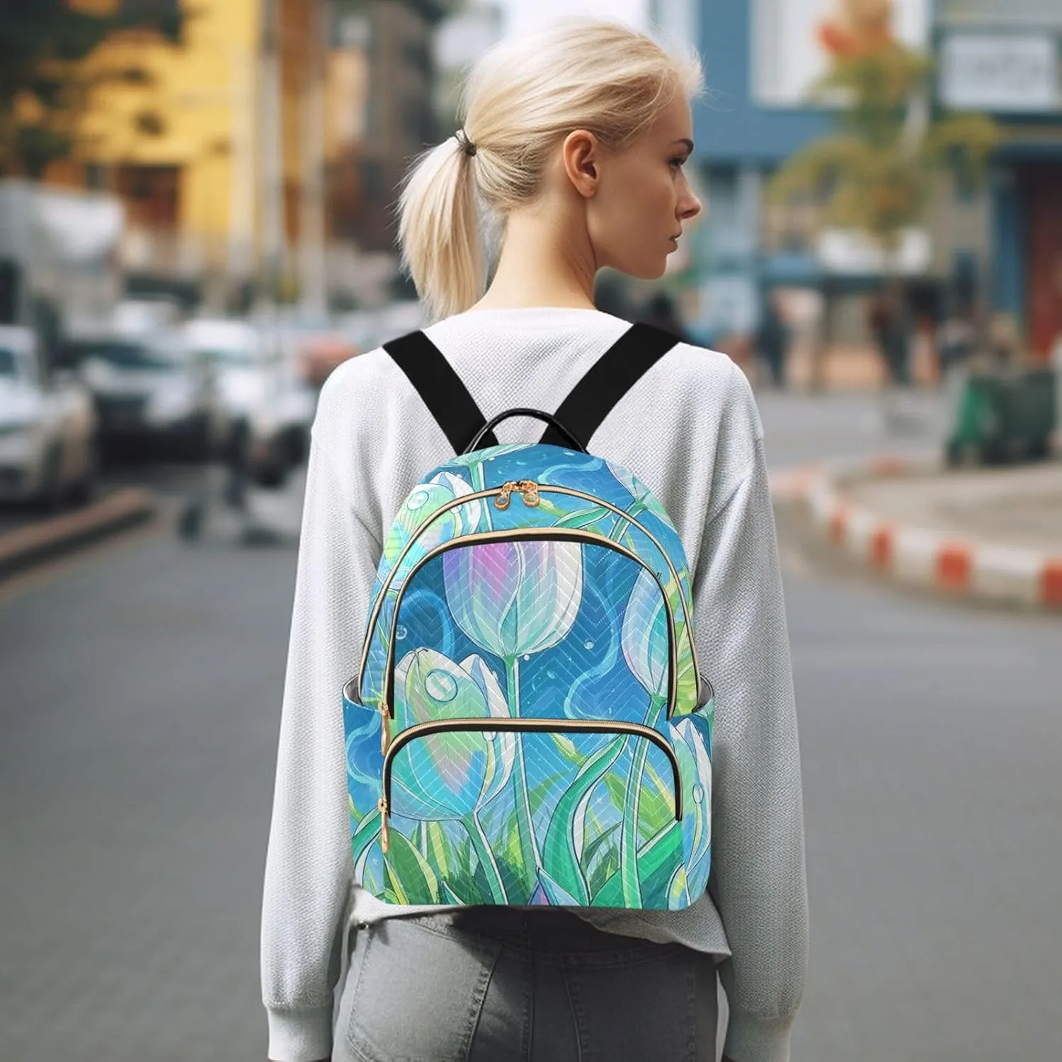 Mini Backpack Quilted Purse for Womens Small Backpack Daypack Tulips Pattern for Travel Daily Work,Multi7