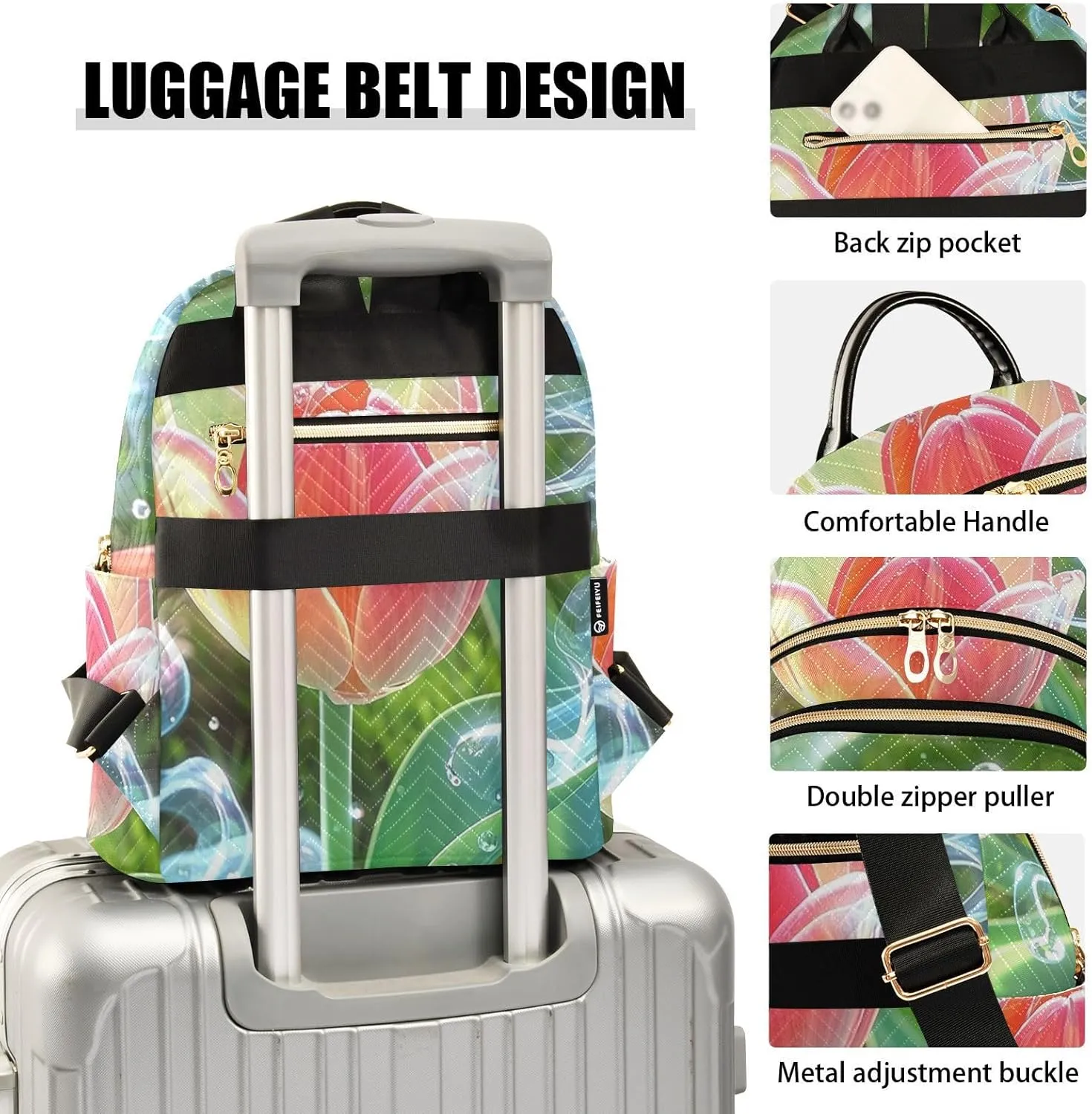 Mini Backpack Quilted Purse for Womens Small Backpack Daypack Tulips Print for Travel Daily Office,Multi11