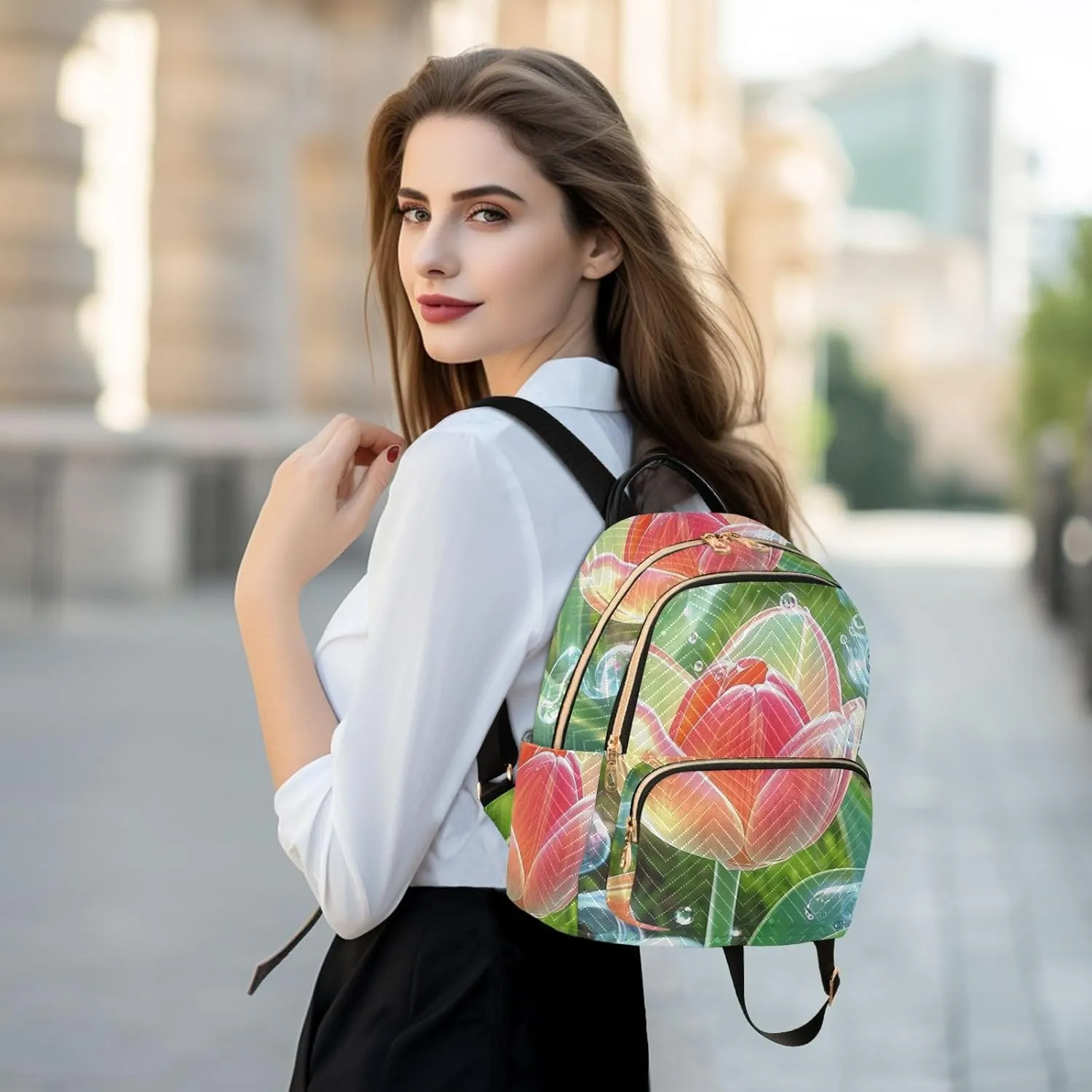 Mini Backpack Quilted Purse for Womens Small Backpack Daypack Tulips Print for Travel Daily Office,Multi11
