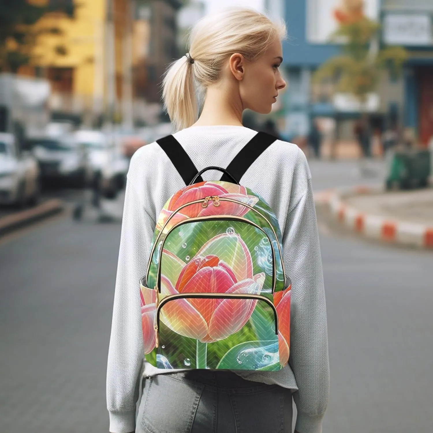 Mini Backpack Quilted Purse for Womens Small Backpack Daypack Tulips Print for Travel Daily Office,Multi11