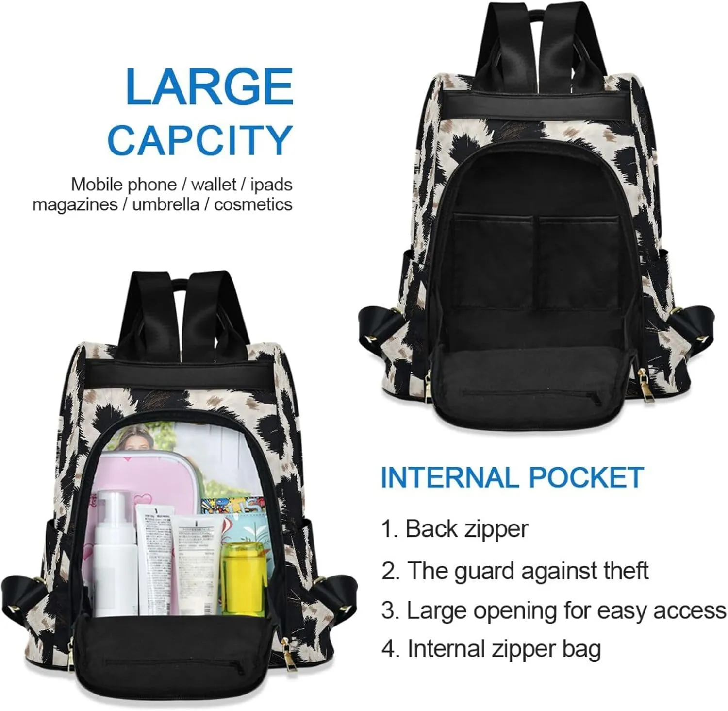 MNSRUU Women Backpack Purse Animal Skin Leopard Backpack for Women Anti-theft Shoulder Bag Carry On Backpack Lightweight Rucksack Fashion Travel Ladies Bags
