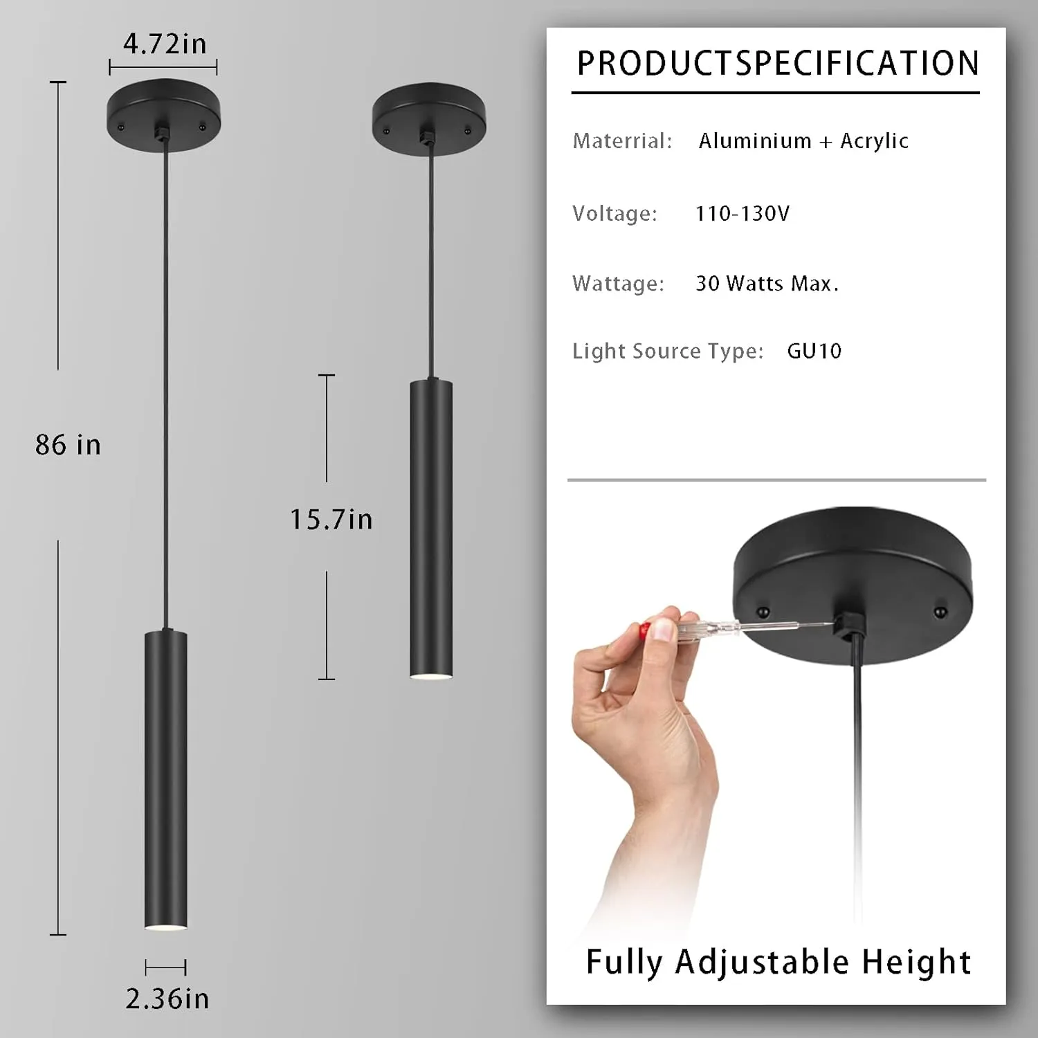 Modern Kitchen Island Black Pendant Light, 1 Light Pendant Line Adjustable Ceiling Pendant with GU10 LED Bulb for Living Room.(3Pack)