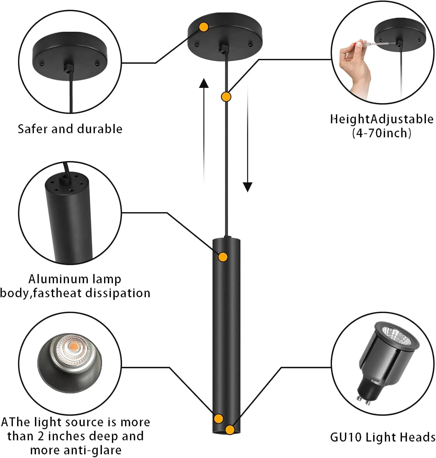 Modern Kitchen Island Black Pendant Light, 1 Light Pendant Line Adjustable Ceiling Pendant with GU10 LED Bulb for Living Room.(3Pack)
