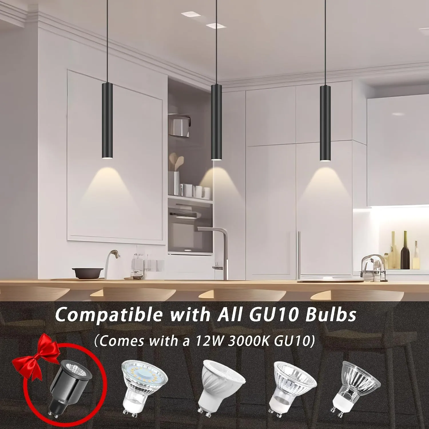 Modern Kitchen Island Black Pendant Light, 1 Light Pendant Line Adjustable Ceiling Pendant with GU10 LED Bulb for Living Room.(3Pack)