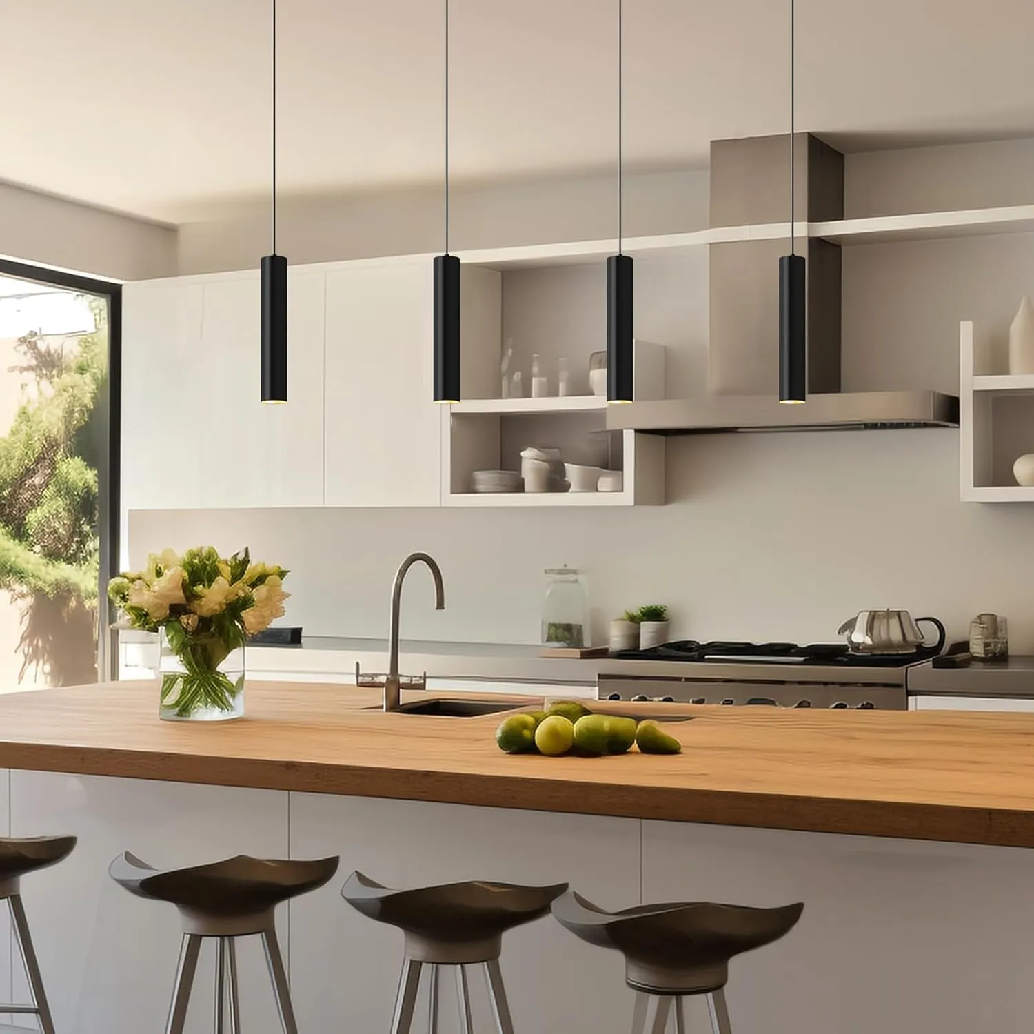 Modern Kitchen Island Black Pendant Light, 1 Light Pendant Line Adjustable Ceiling Pendant with GU10 LED Bulb for Living Room.(3Pack)