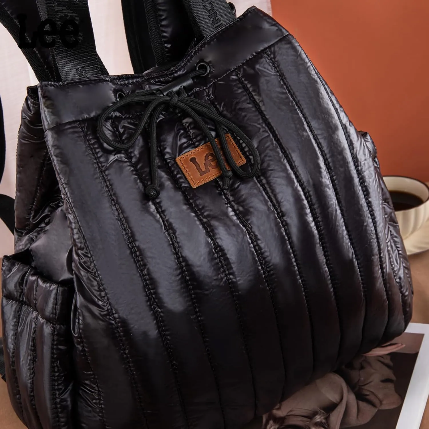 Montana West x Lee Puffer Backpack Purse for Women Quilted Travel Fashion Backpack Daypack Ladies Casual Drawstring Bag Black