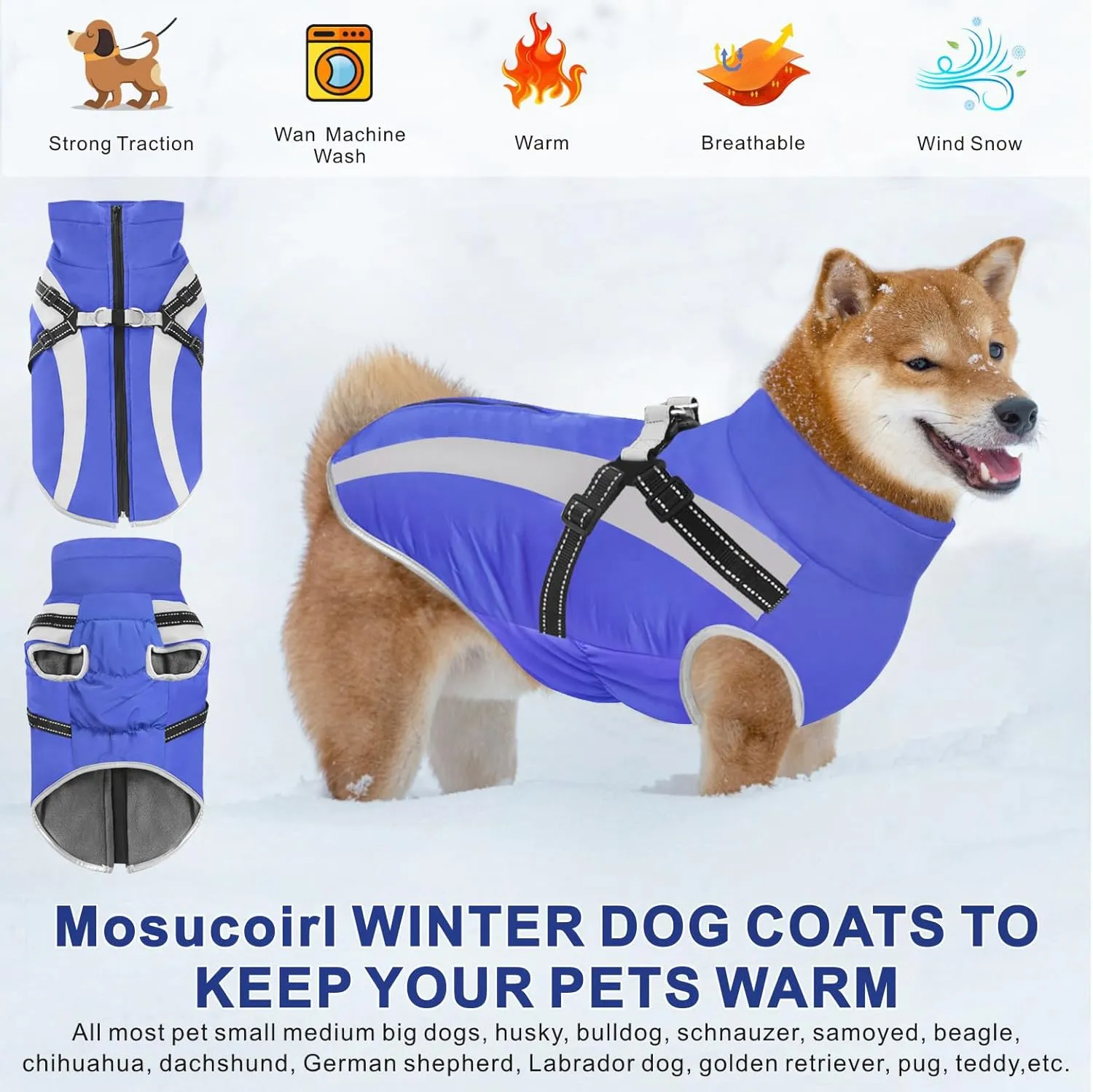 Mosucoirl Warm Dog Coats Vest, Waterproof Dogs Jacket Reflective Fleece Pet Winter Cold Weather Coat Dogs Clothes Cozy Snow Jackets Outfits for Small Medium Large Dogs Puppy
