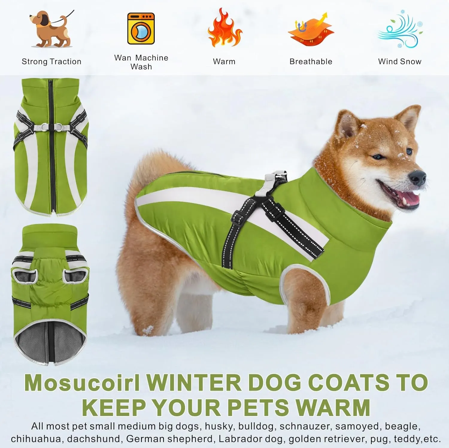 Mosucoirl Warm Dog Coats Vest, Waterproof Dogs Jacket Reflective Fleece Pet Winter Cold Weather Coat Dogs Clothes Cozy Snow Jackets Outfits for Small Medium Large Dogs Puppy