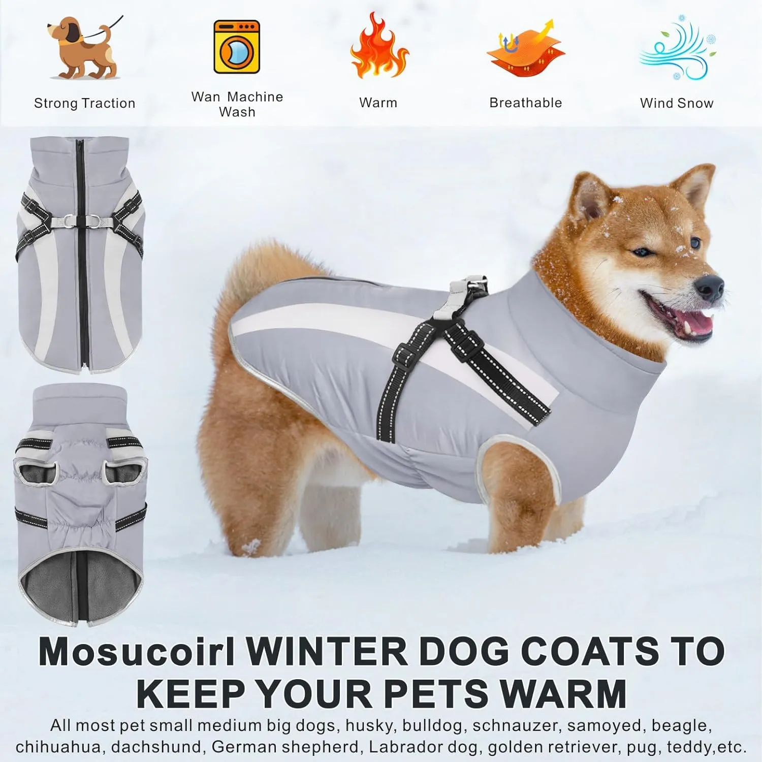 Mosucoirl Warm Dog Coats Vest, Waterproof Dogs Jacket Reflective Fleece Pet Winter Cold Weather Coat Dogs Clothes Cozy Snow Jackets Outfits for Small Medium Large Dogs Puppy