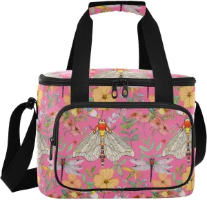 Moth Dragonfly Flower Pink Insulated Cooler Bag for Women Men Leakproof 24 Can Camping Car Coolers for Beach Work Road Trip