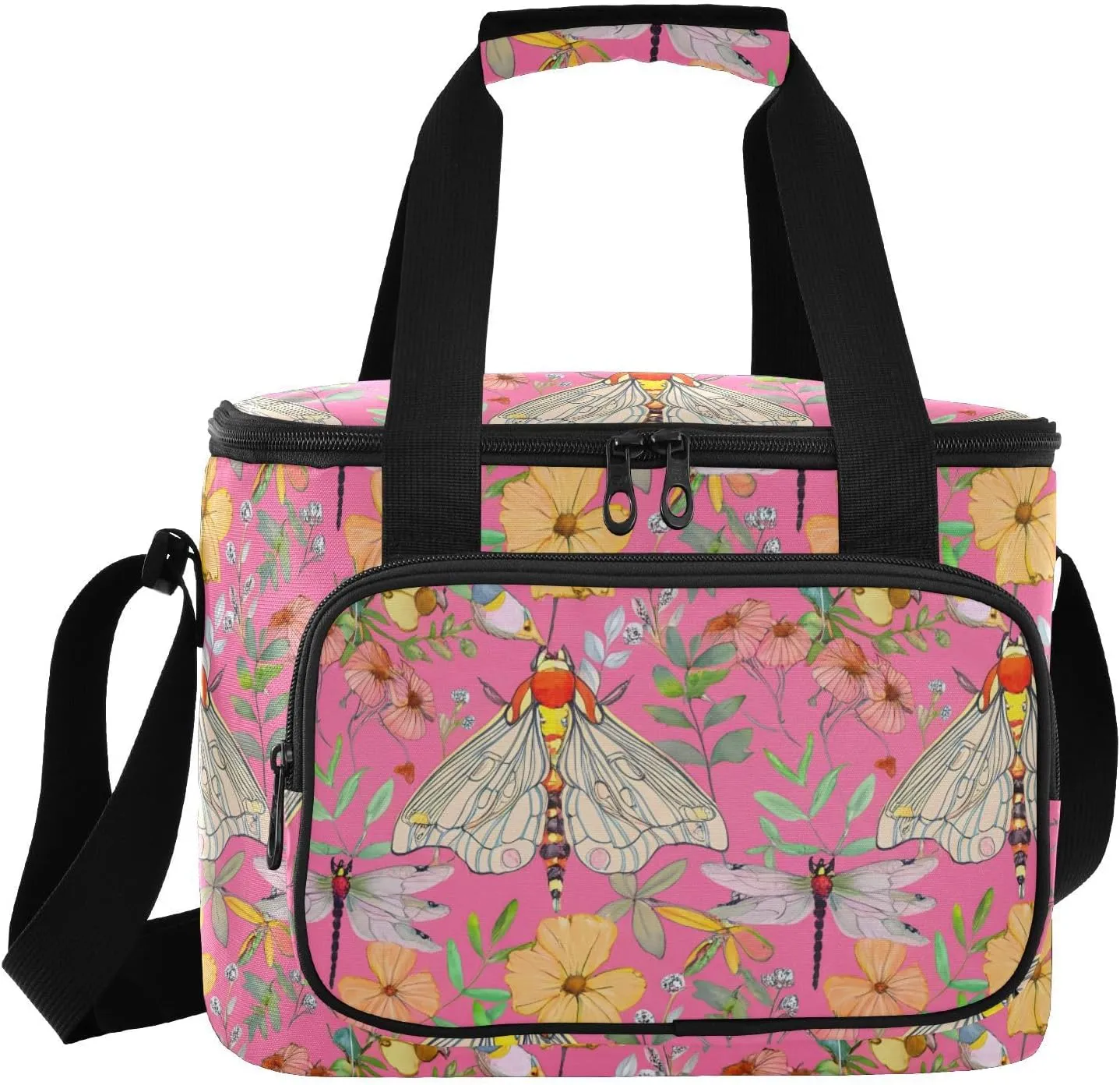 Moth Dragonfly Flower Pink Insulated Cooler Bag for Women Men Leakproof 24 Can Camping Car Coolers for Beach Work Road Trip