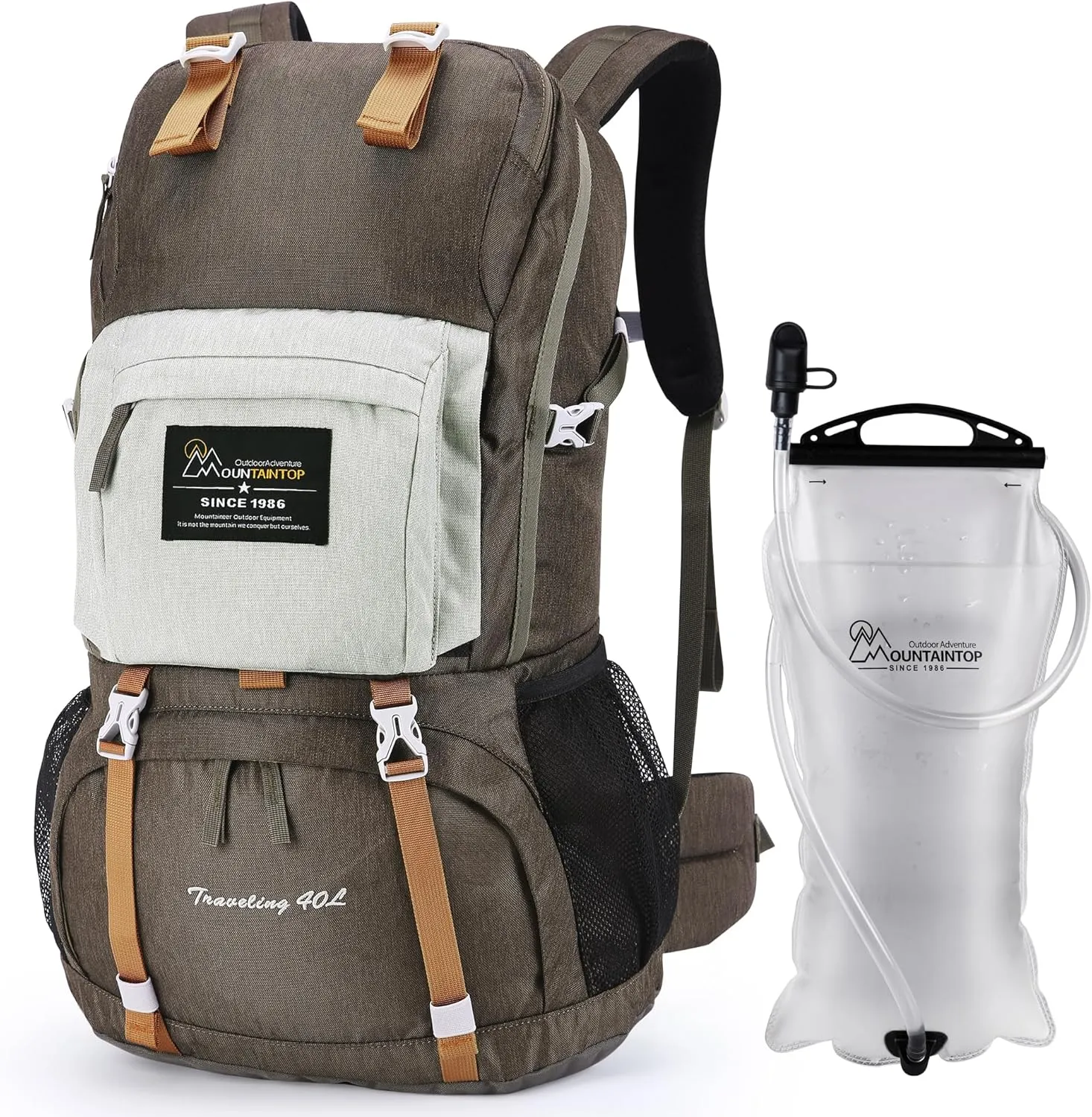 MOUNTAINTOP 40L Hiking Backpack with 3L Hydration Bladder for Women & Men Outdoor Travel Camping Day Pack with Rain Cover, 21.7 x 13 x 7.9 in,Brown