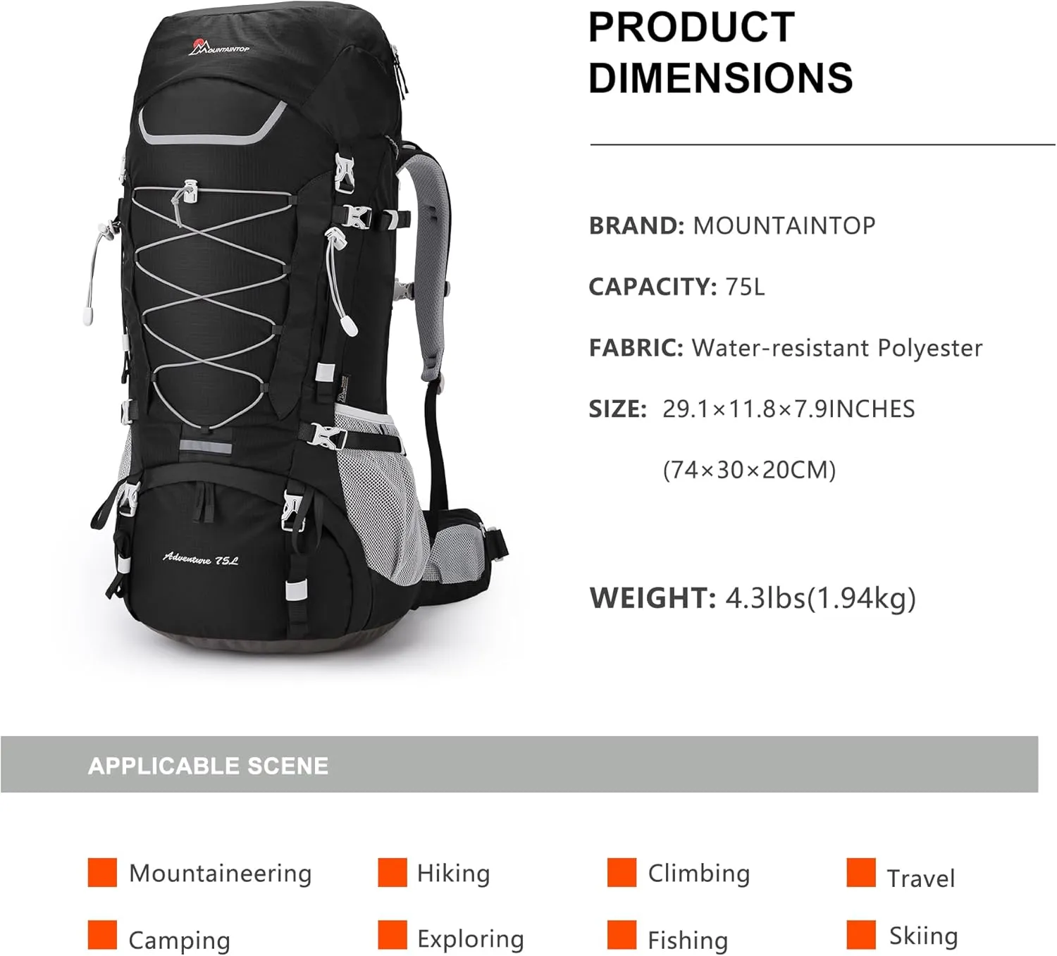 MOUNTAINTOP 75L Internal Frame Backpack with Rain Cover Backpacking Camping Hiking Backpack for Men Women