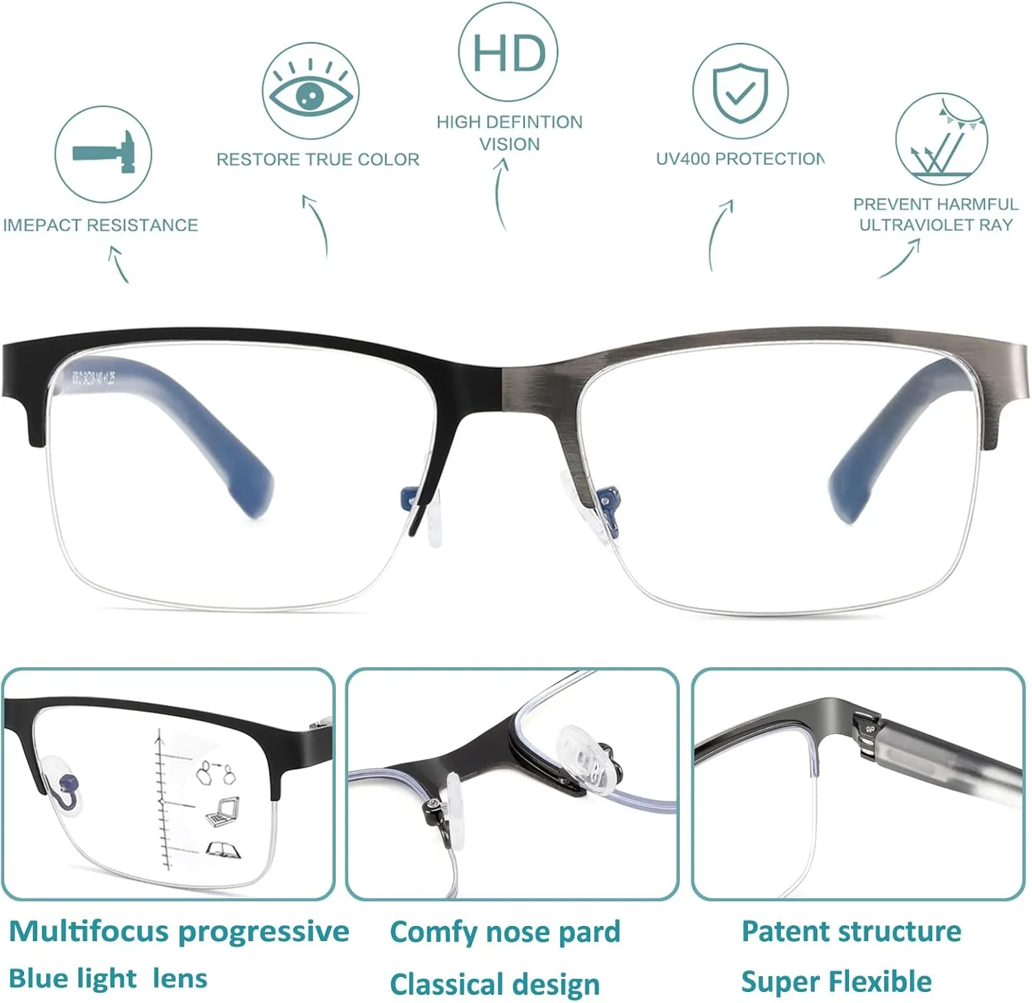 Multifocus Reading Glasses Men Bifocal No Line Progressive Multifocal Reader Blue Light Computer Frame Eyeglasses 2pk