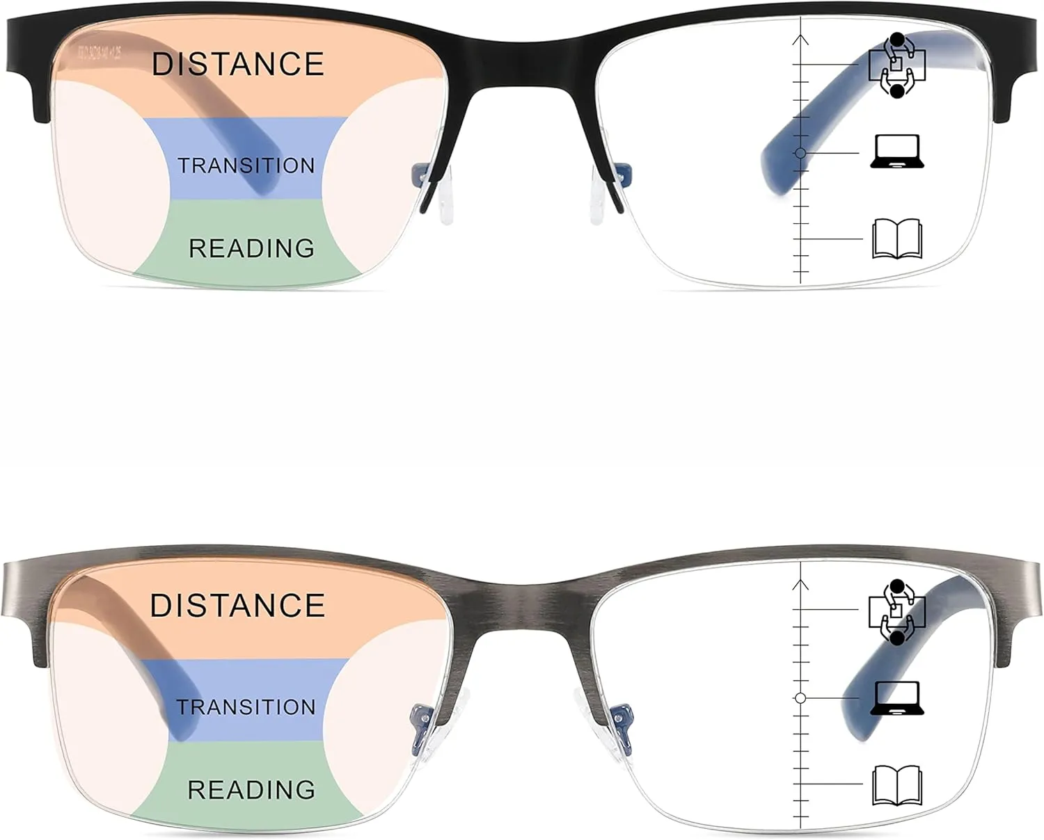Multifocus Reading Glasses Men Bifocal No Line Progressive Multifocal Reader Blue Light Computer Frame Eyeglasses 2pk