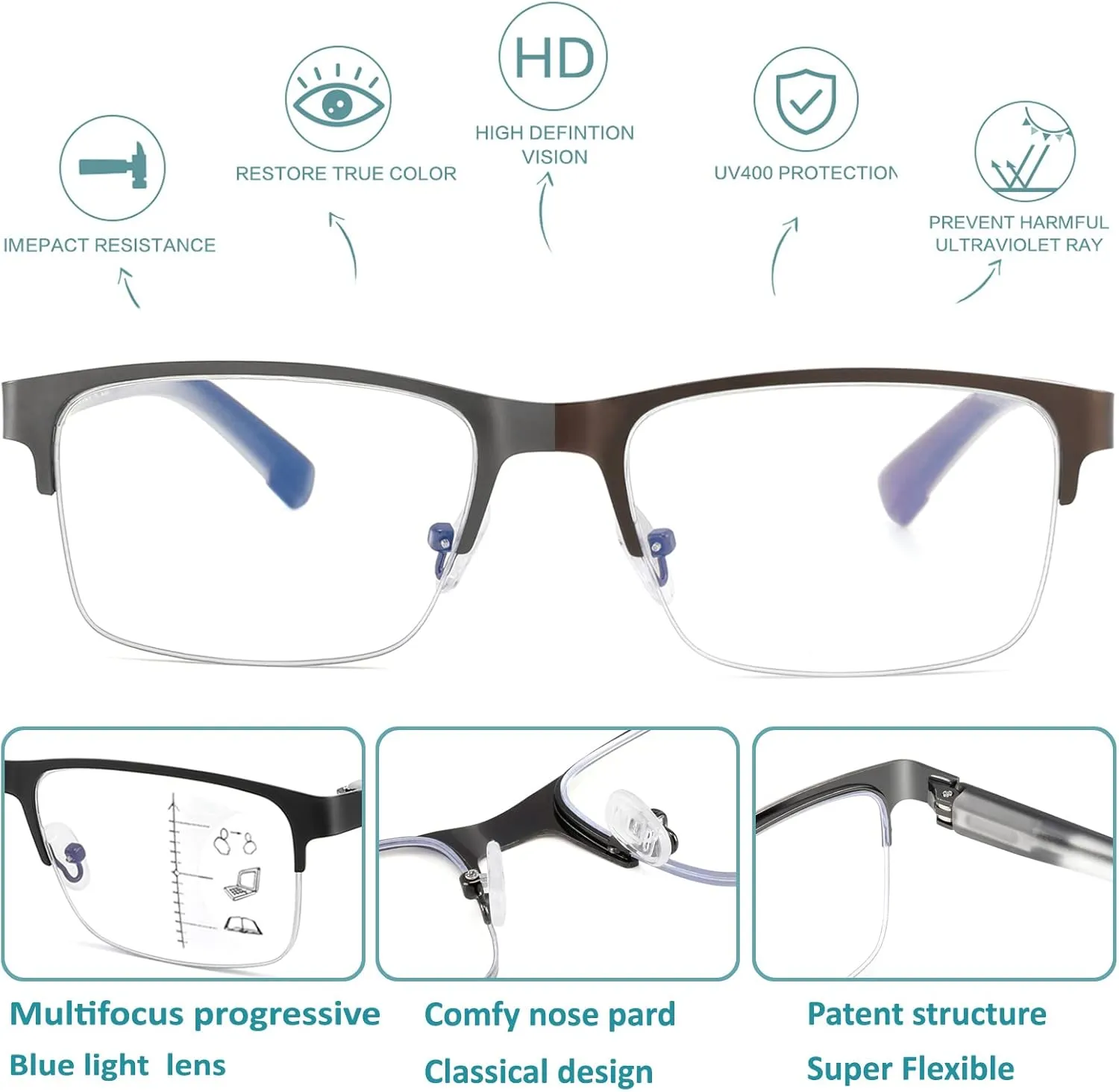 Multifocus Reading Glasses Men Bifocal No Line Progressive Multifocal Reader Blue Light Computer Frame Eyeglasses 2pk