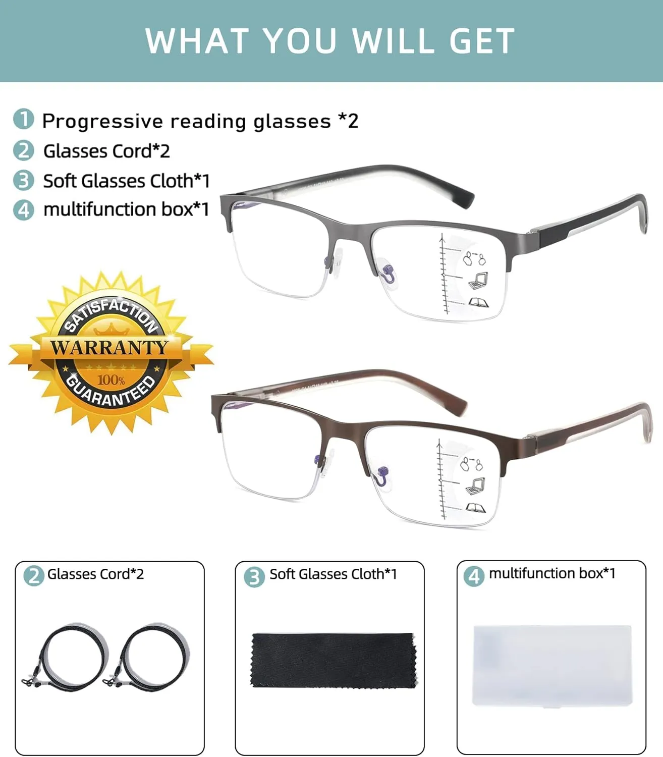 Multifocus Reading Glasses Men Bifocal No Line Progressive Multifocal Reader Blue Light Computer Frame Eyeglasses 2pk