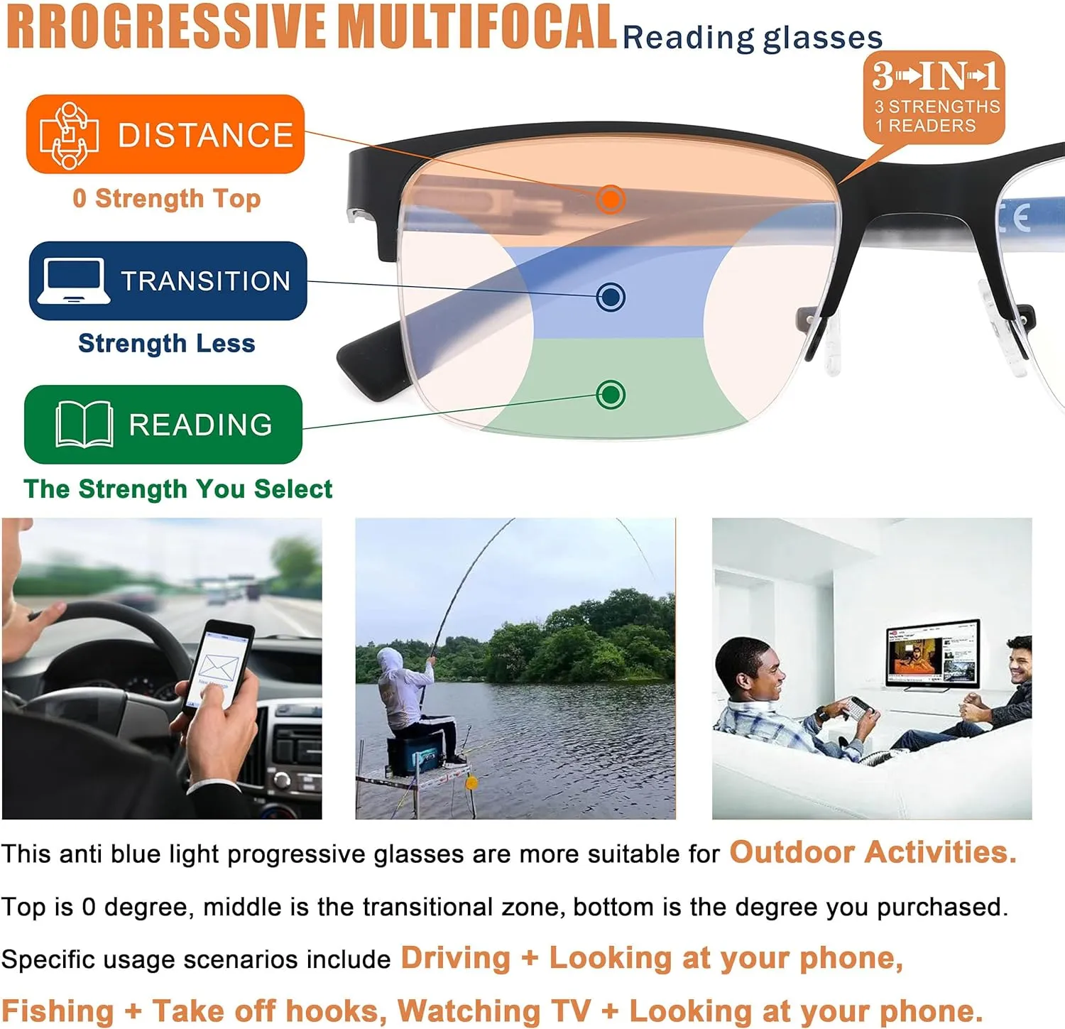 Multifocus Reading Glasses Men Bifocal No Line Progressive Multifocal Reader Blue Light Computer Frame Eyeglasses 2pk
