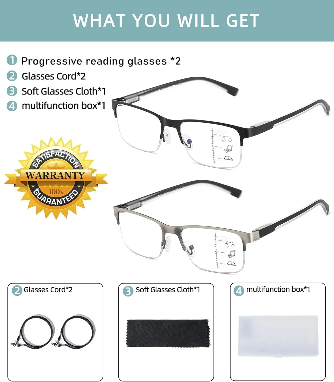 Multifocus Reading Glasses Men Bifocal No Line Progressive Multifocal Reader Blue Light Computer Frame Eyeglasses 2pk