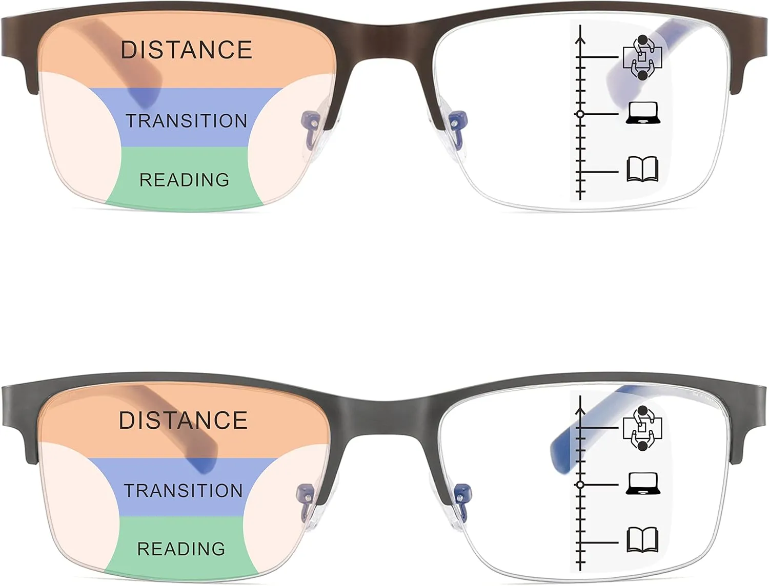 Multifocus Reading Glasses Men Bifocal No Line Progressive Multifocal Reader Blue Light Computer Frame Eyeglasses 2pk