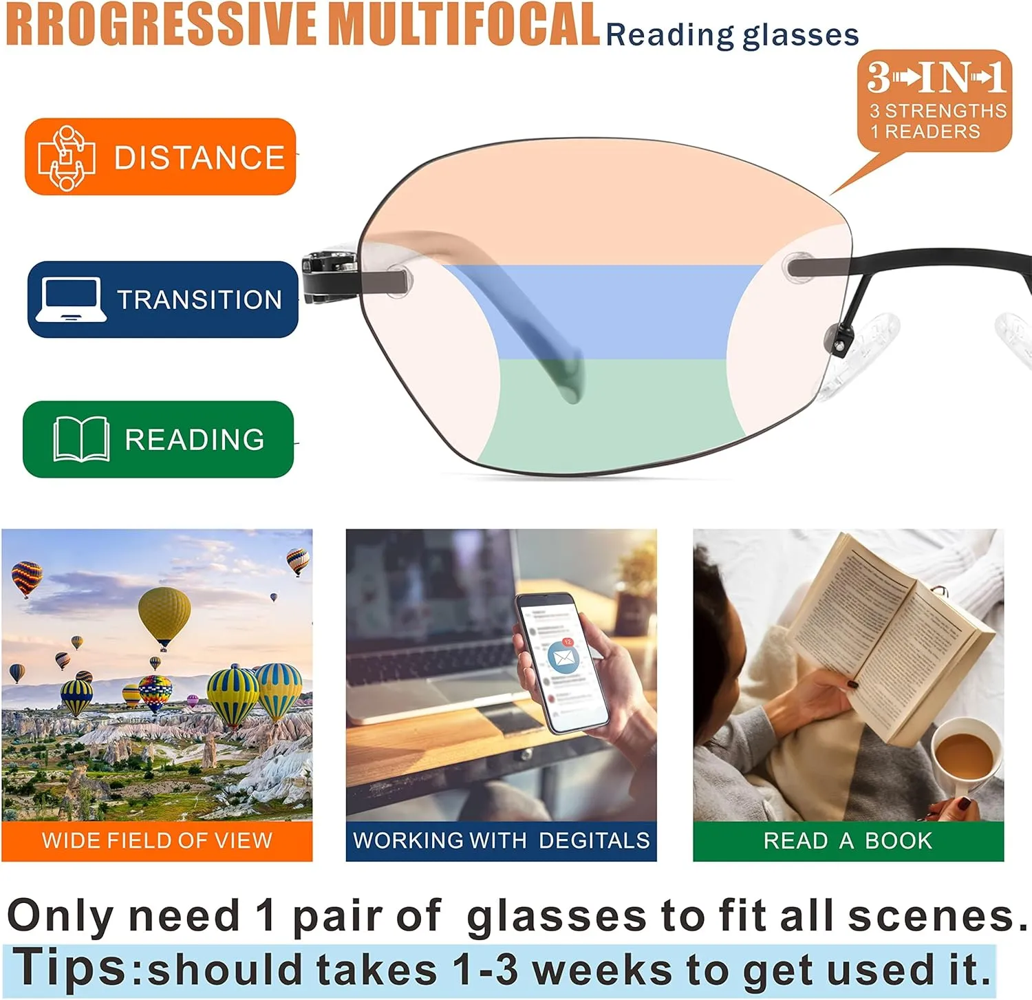 Multifocus Reading Glasses Women Progressive Multifocal No Line Bifocal Rimless Reader Blue Light Computer Eyeglasses